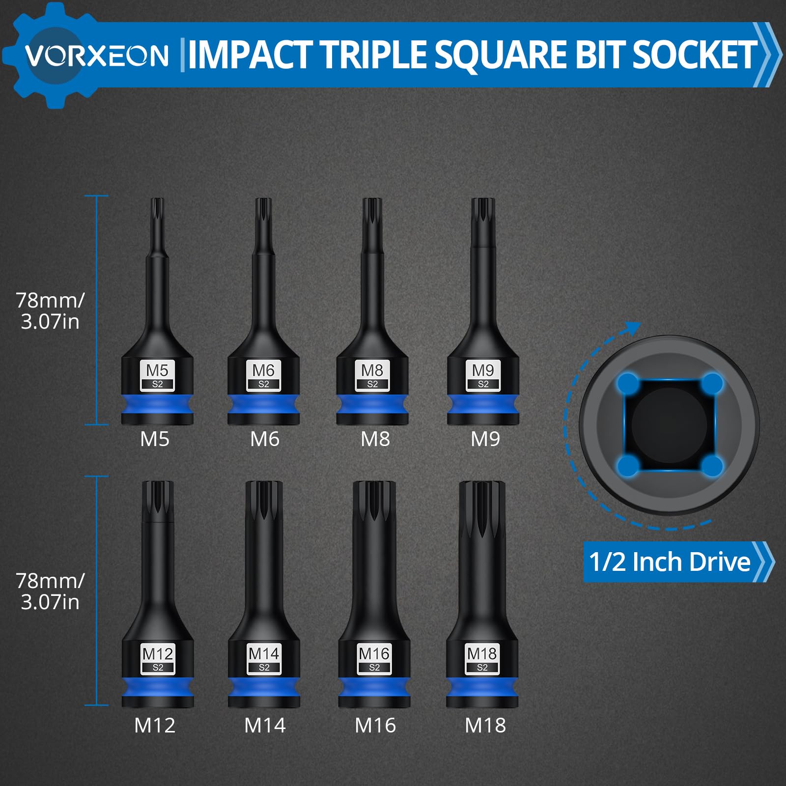 VORXEON 8pc 1/2in Drive Impact Spline Bit Socket Set en S2 Steel Drive Impact Triple Square Spline Bit Socket Set M5 M6 M7 M8 M9 M10 M12 M14 M16 M18 with Storage Case for Electric Pneumatic Wrenches - Image 3