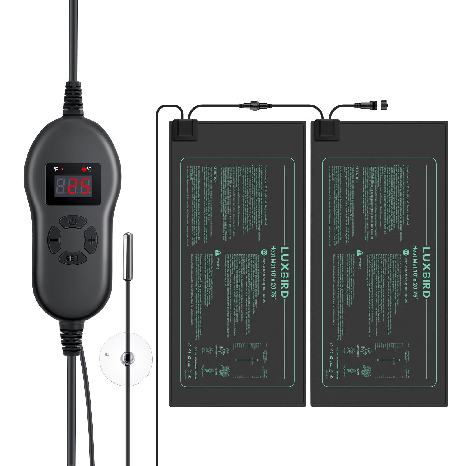 Luxbird 2 esteras calefactoras con 1 controlador, función de temporización, 30 W, control de uno a muchos, IP67 impermeable, esteras térmicas, 52,7 x 25,4 cm