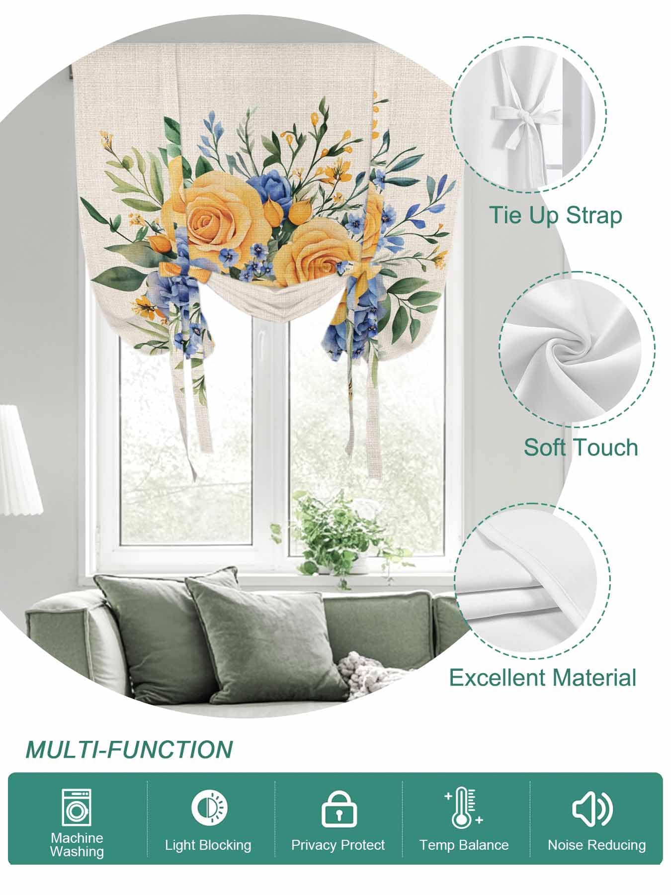 Tie Up Curtains for Windows Yellow Blue Floral Roman Shade 42 x 45 Inch Bathroom Curtains Window Eucalyptus Leaves Botanical Rod Pocket Short Balloon Curtains for Living Room Kitchen Small Blinds