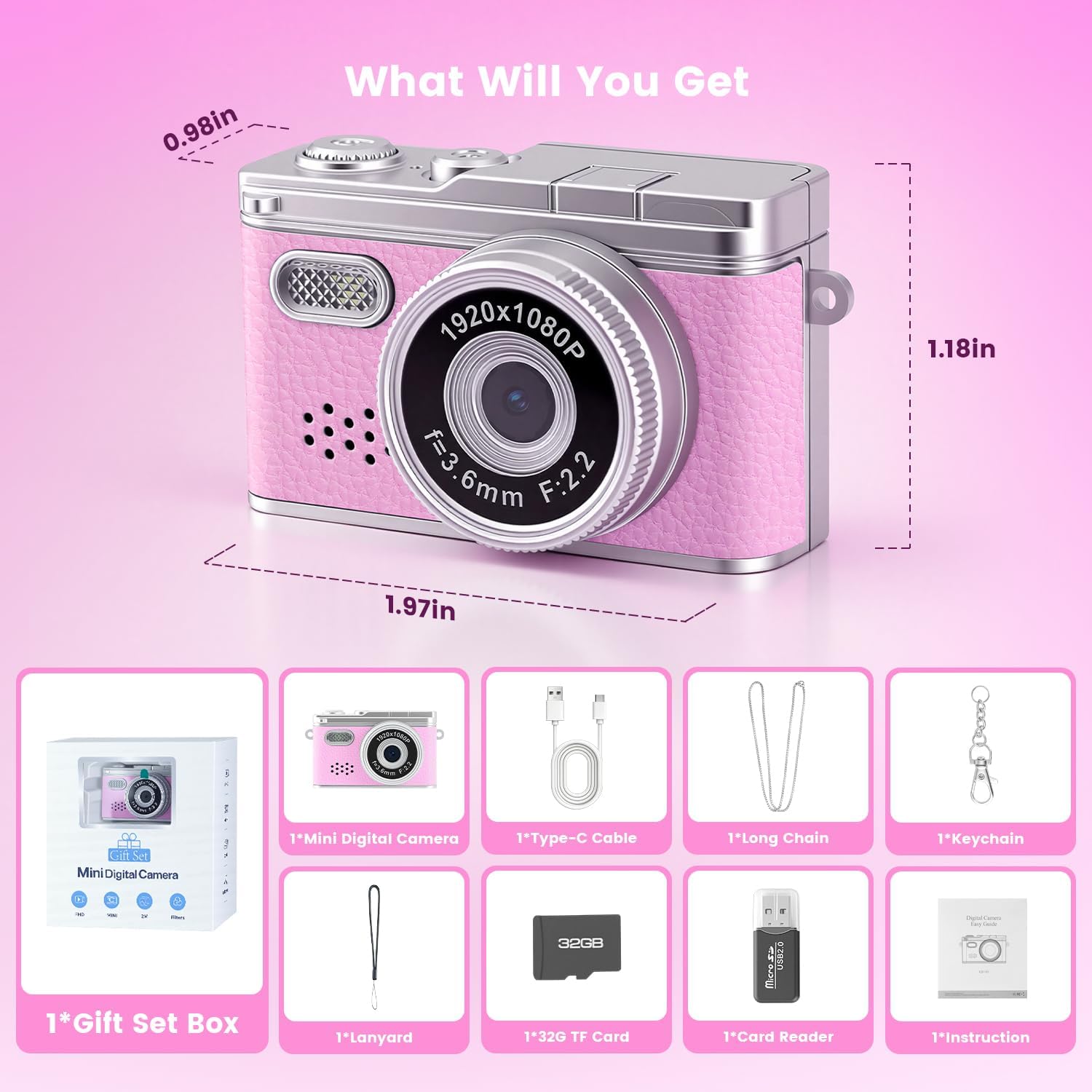 Mini Keychain Camera, 1080P Y2k Retro Camcorder with 0.96" Screen, Teens Portable Video Recorder for Vlog&Party&Gifts, Small Vintage Pocket Keychain Digital Camera with Flash, 32G SD Card, Type-C,Pink