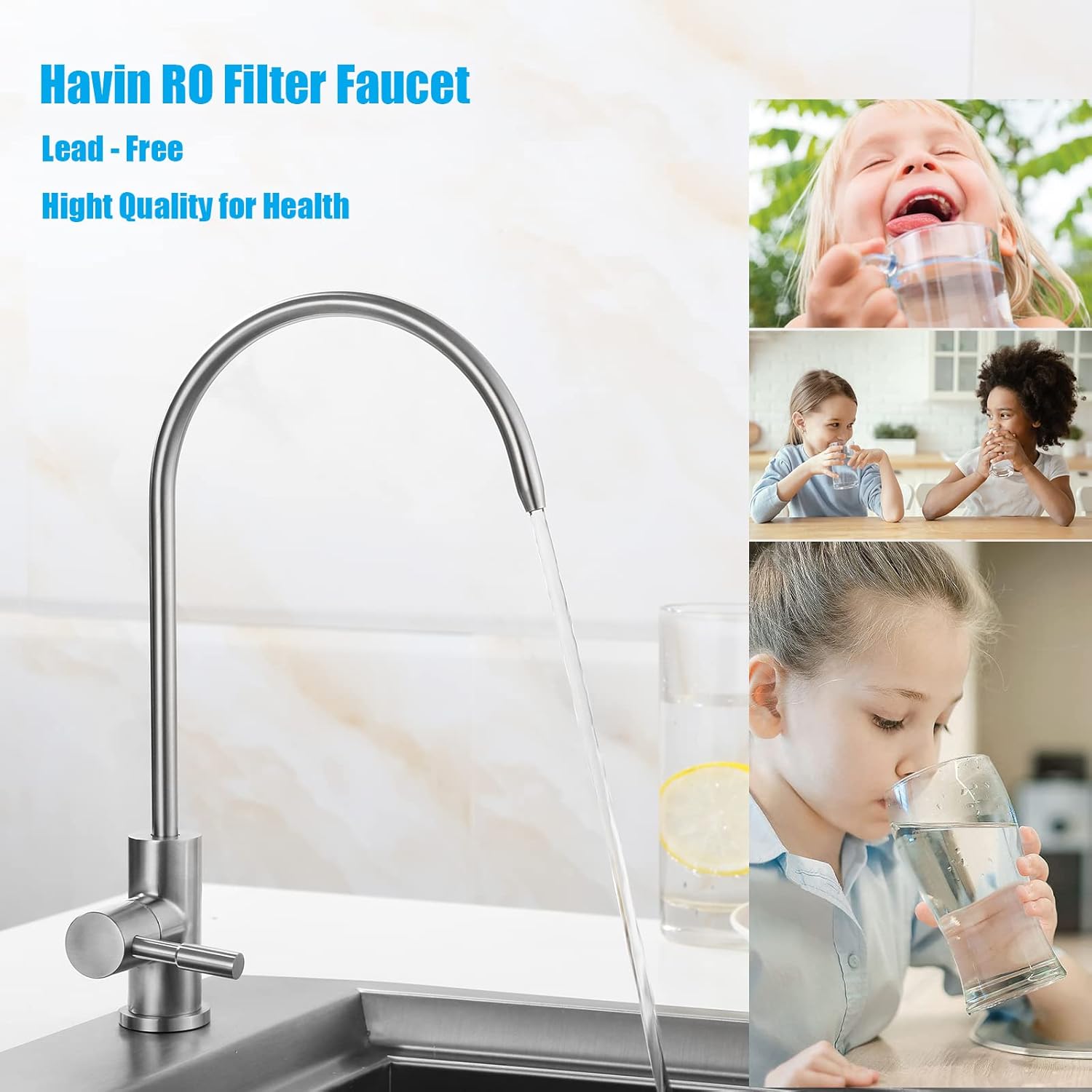 Havin RO Water Filter Faucet in use, showing a child drinking water and the faucet's design.
