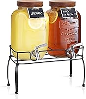 Mustry 1 Gallon Glass Drink Dispenser Set of 2 with Stand, Stainless Steel Spigot & Chalkboard - Lemonade, Sun Tea, Kombucha for Parties