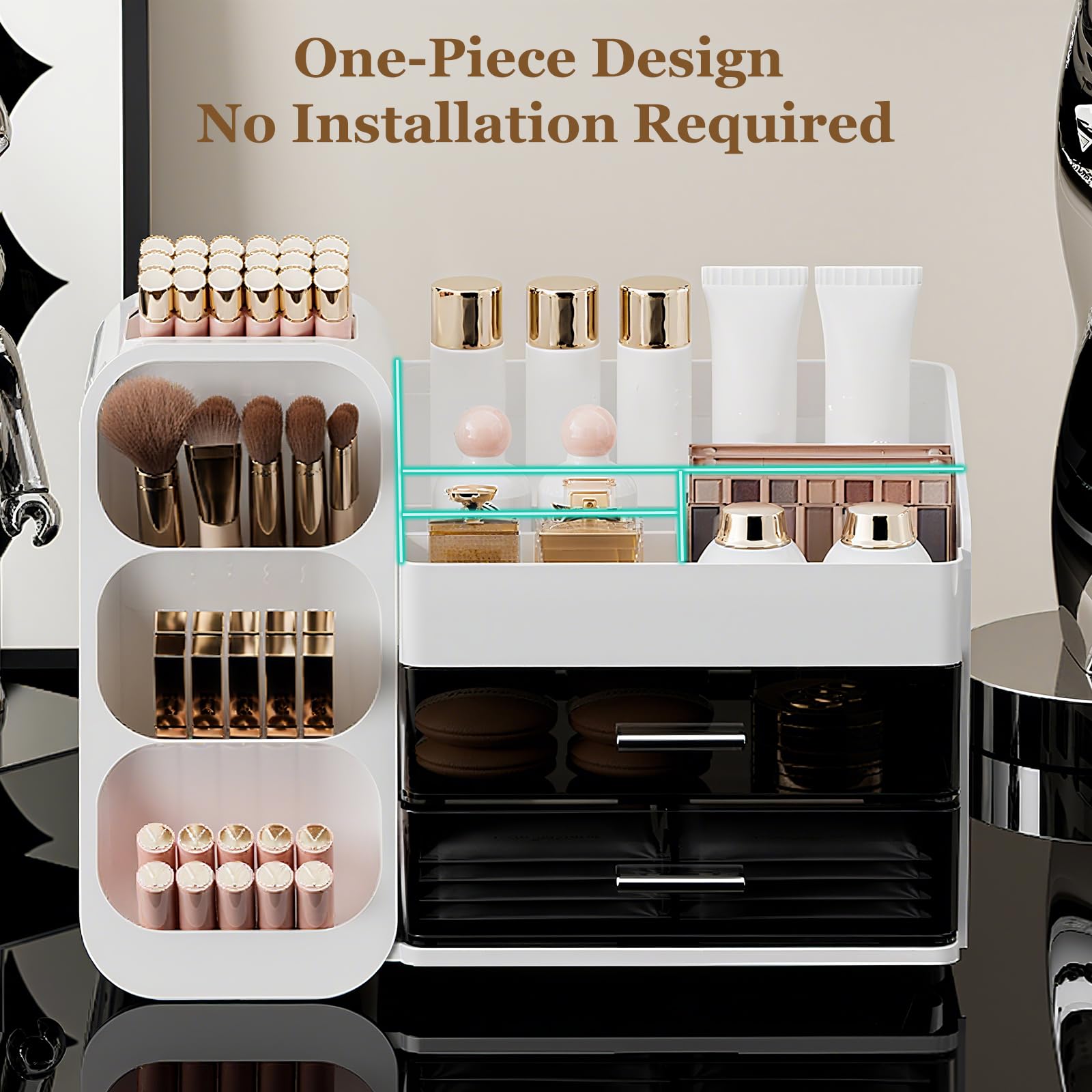 FoiiLiio Make Up Organizer per Cosmetici, Organizer per trucchi Grande Organizer per Trucco con 2 Cassetti per Comò, Bagno, Camera da Letto (Bianco)