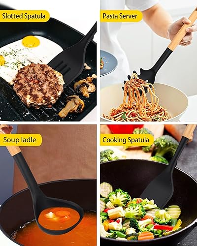 Miniatura 5 de Juego de utensilios de cocina de silicona para utensilios de cocina antiadherentes, 7 utensilios de cocina resistentes al calor con mango de madera,