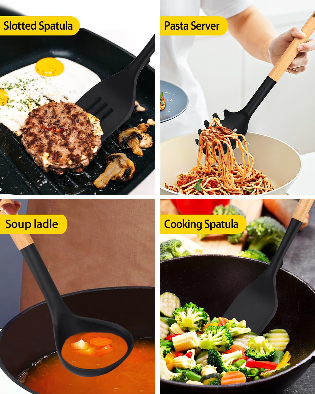 Juego de utensilios de cocina de silicona para utensilios de cocina no pegajosos, 7 piezas de utensilios de cocina resistentes al calor con mango de madera, utensilios de cocina sin BPA con espátulas