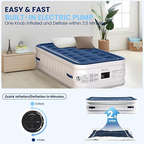 Miniatura 7 de KINGJERRY Colchón de aire individual con bomba integrada y 4 asas portátiles, colchón inflable elevado de 18 pulgadas para invitados, cama de aire