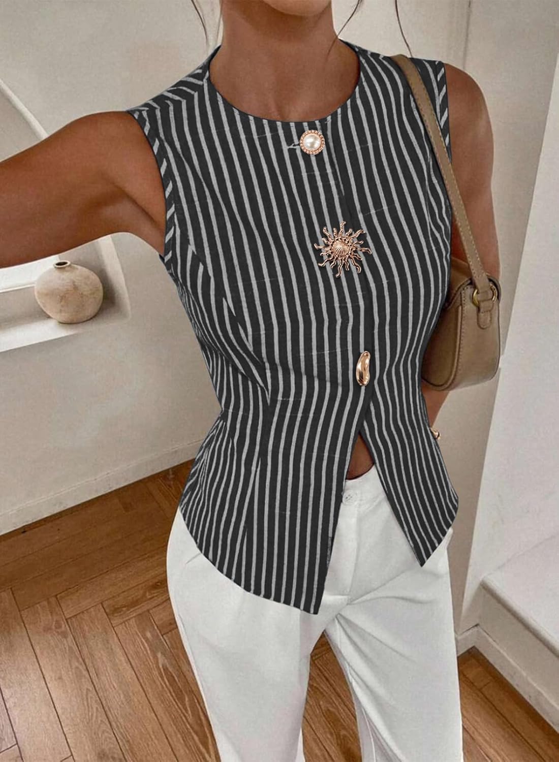 BLENCOT Womens Striped Sleeveless Slim Fit Vest Tops Dressy Crewneck Metal Button Down Business Casual Outfits - Image 3