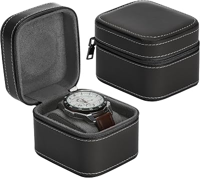 Single Watch Box, Small Watch Travel Cases for Men Women, Portable Zipper Wristwatches Storage Holder Boxes with Removable Pillow Black