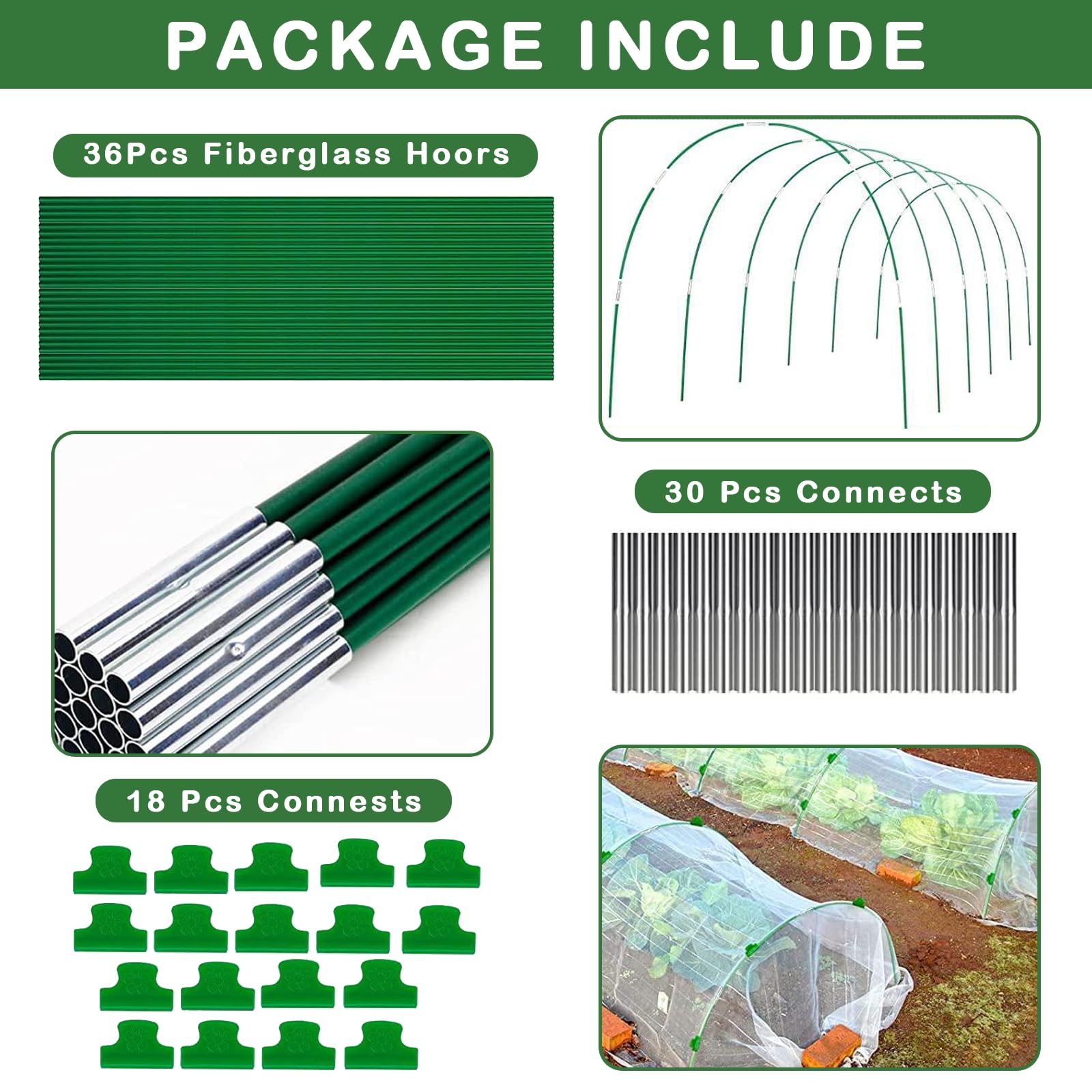 OdiuK Greenhouse Hoops for Raised Beds 36pcs 17in Garden Hoops for Netting Tunnel Detachable Fiberglass Plant Hoops with 18 Netting Clips Support Hoops - Image 2