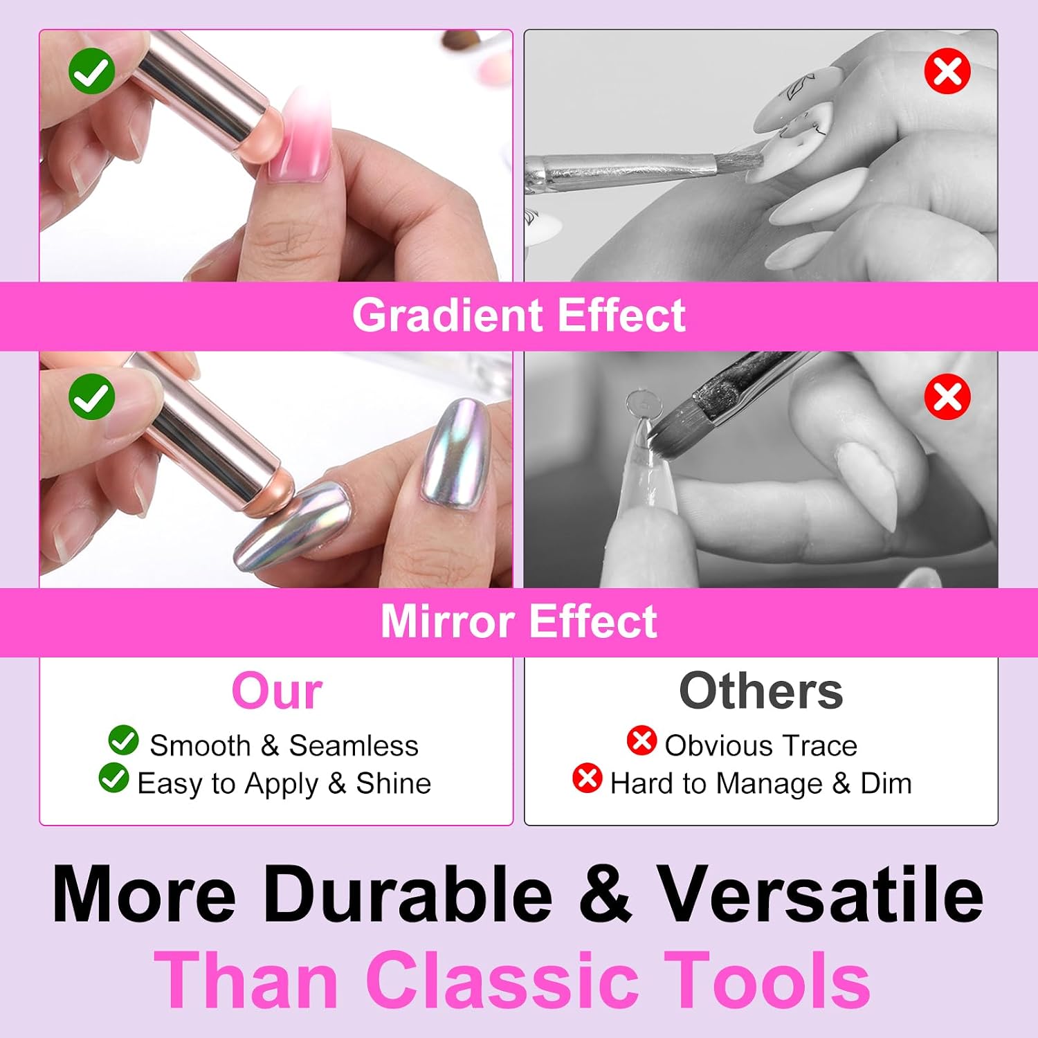 2 Pcs Silicone Ombre Nail Brush Set, Reusable Gradient Nail Art Brushes with Palette Chrome Applicator Stamper Pen for Ombre Aura Nails Gel Polish Manicure Tools for Beginners