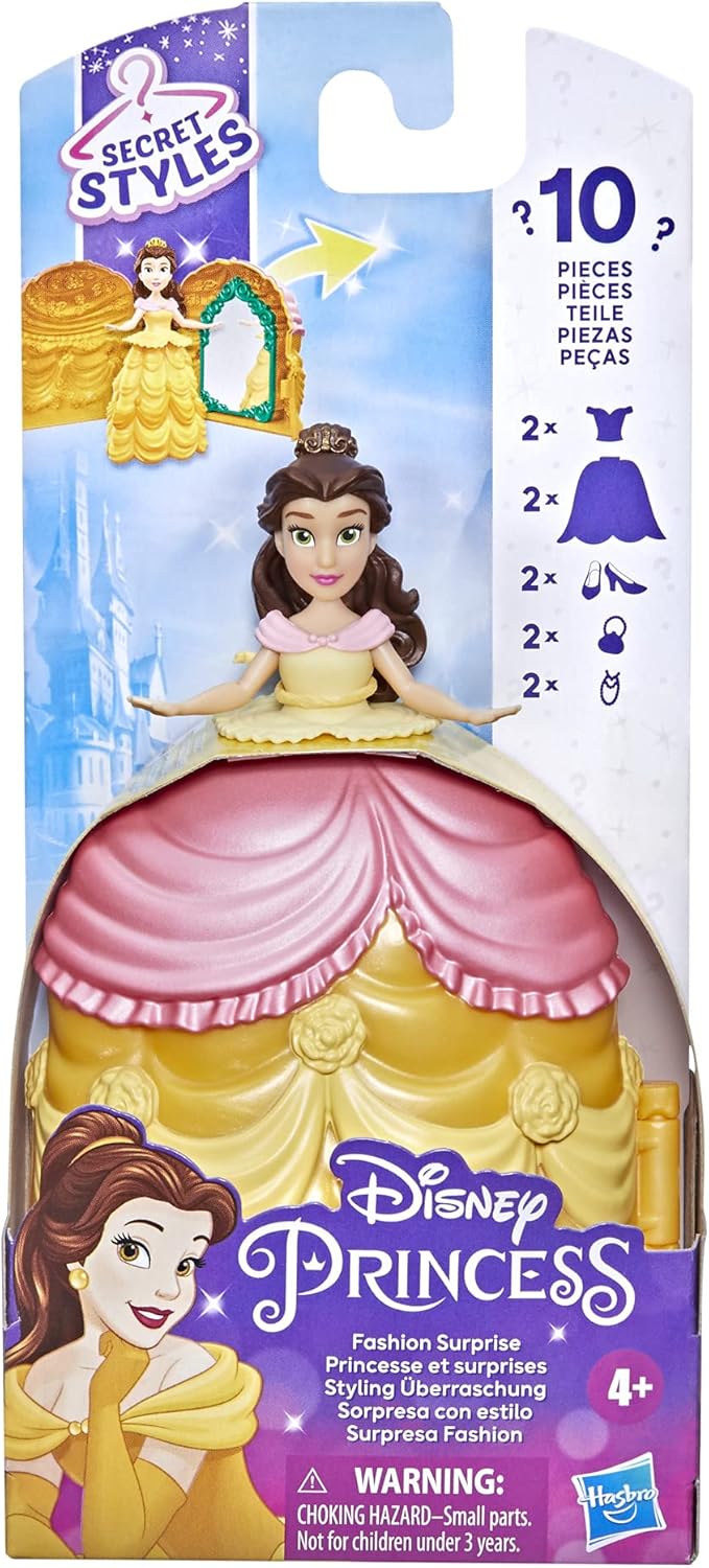 Disney Princess Secret Styles Fashion Surprise Belle, Mini Doll Playset with Extra Clothes and Accessories, Toy for Girls 4 and Up