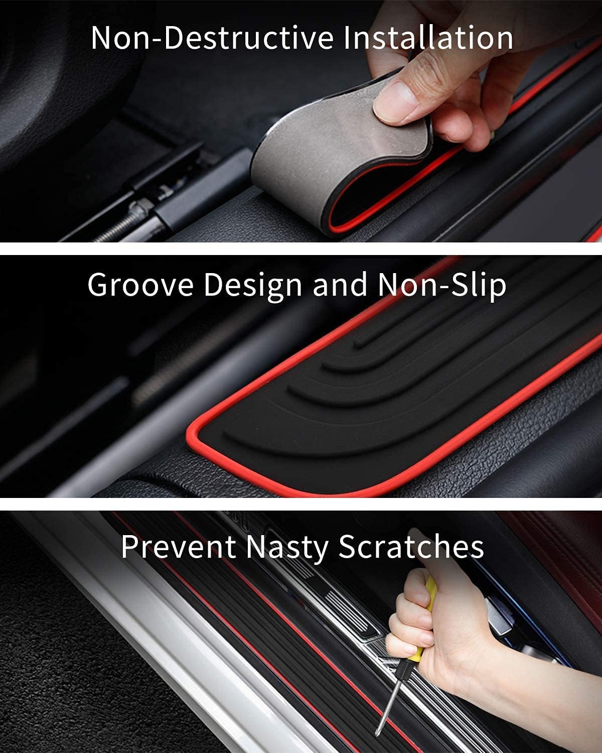 Moton 4pcs/Set Car Door Sill Plate Protectors - Universal Front/Rear Door Sill Scuff Plate Guards, PVC Soft Rubber Welcome Pedal Protector Cover Set (Red Border, Universal) : Automotive