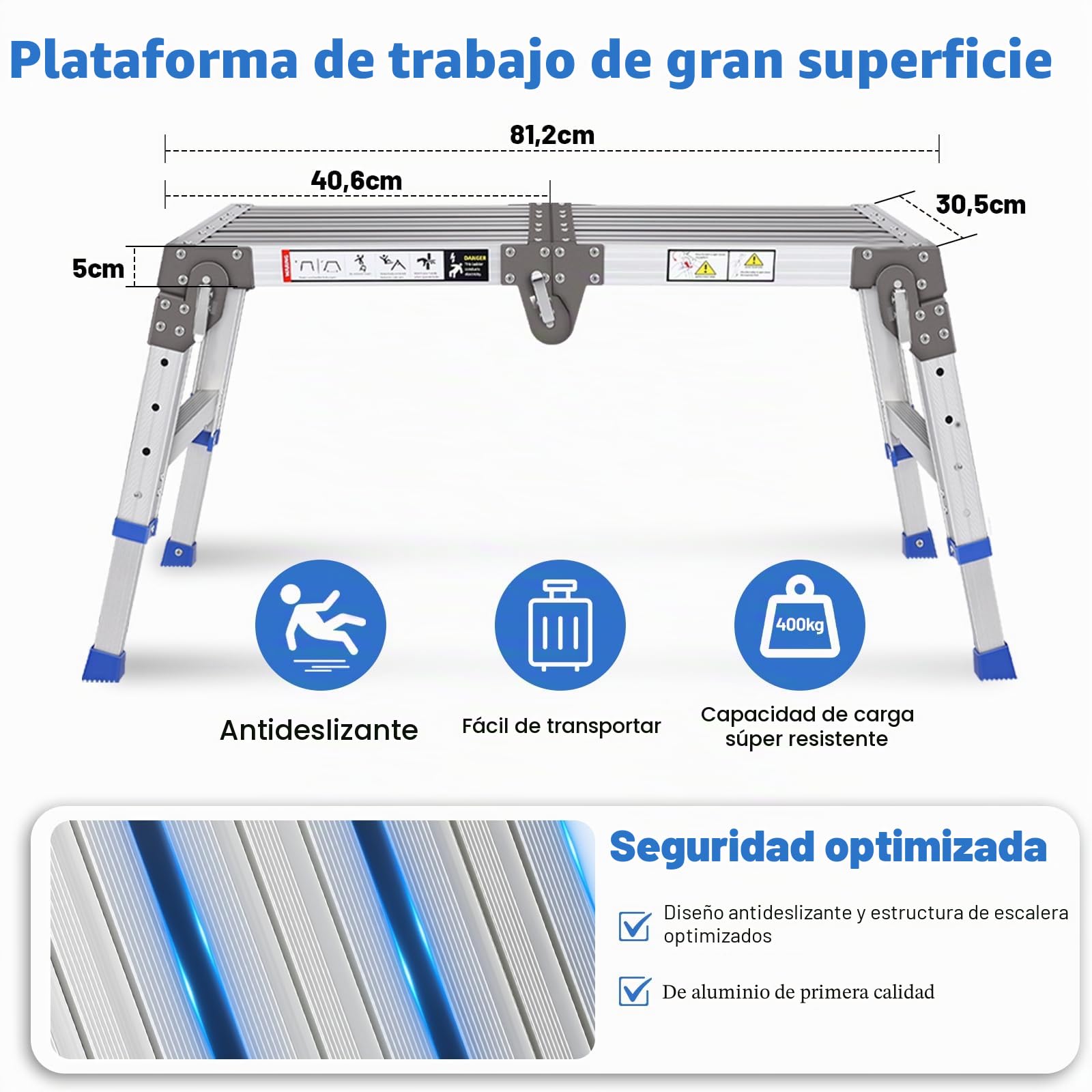 Plataforma de trabajo de aluminio mejorado para escaleras para trabajo y acceso hasta 362 kg, plataforma de trabajo, escalera ajustable de aluminio con cerraduras de seguridad, cojinete