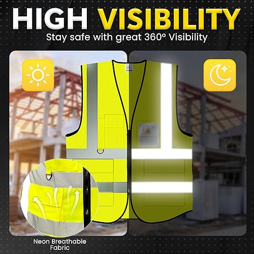 Miniatura 3 de PeerBasics Chaleco de seguridad, paquete de 10 unidades, amarillo, ANSI Clase 2, reflectante, para hombres y mujeres, unisex, con bolsillos y