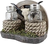 Vista 6 de Ebros Gift Rústica rueda de vagón occidental con cuerdas en espiral, calavera de vaca de cuerno largo, juego de agitadores de cristal de sal