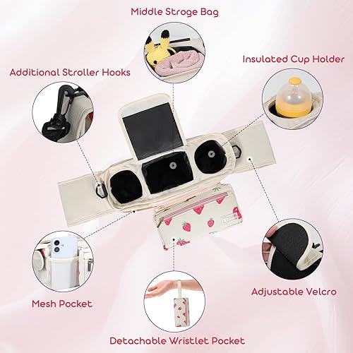 Miniatura 6 de Organizador universal para cochecito con portavasos aislados y bolsa desmontable para teléfono, carrito de cochecito se adapta a accesorios de