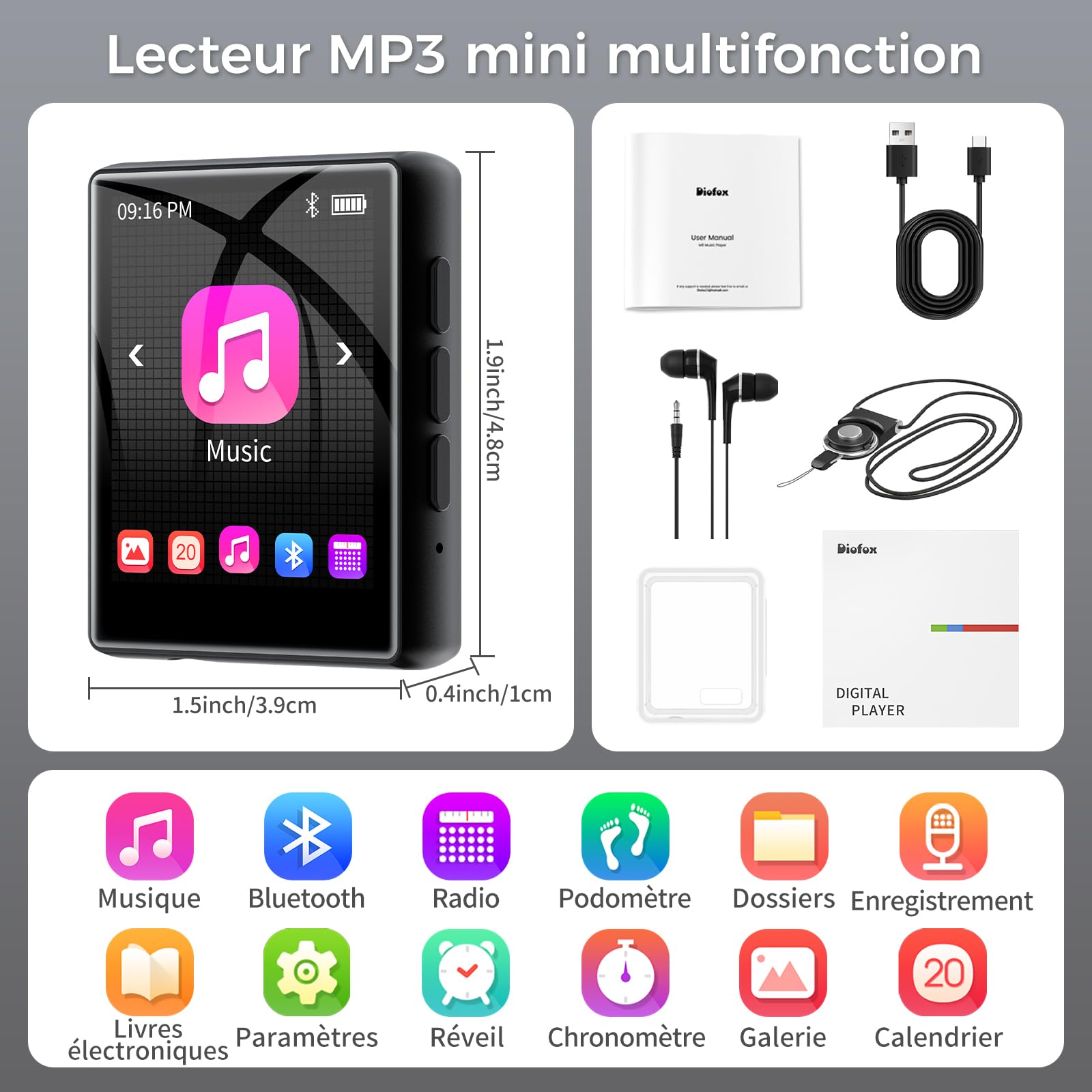64 Go Lecteur MP3 avec Bluetooth 5.3, Mini Lecteur MP3 avec écran Tactile de 1,8 Pouces, Haut-Parleur, Son HiFi, Radio FM, Lecteur de Livres électroniques, enregistreur, jusqu'à 128 Go (Noir, 55 g)