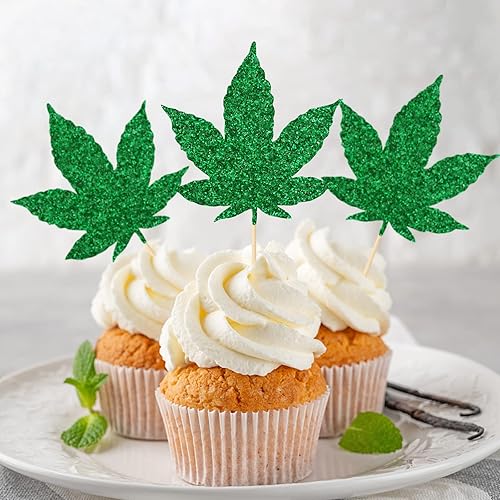 Miniatura 6 de Decoración para cupcakes de hojas de marihuana, adornos para cupcakes con purpurina, decoraciones de fiesta de hierbas, decoración de fiesta de