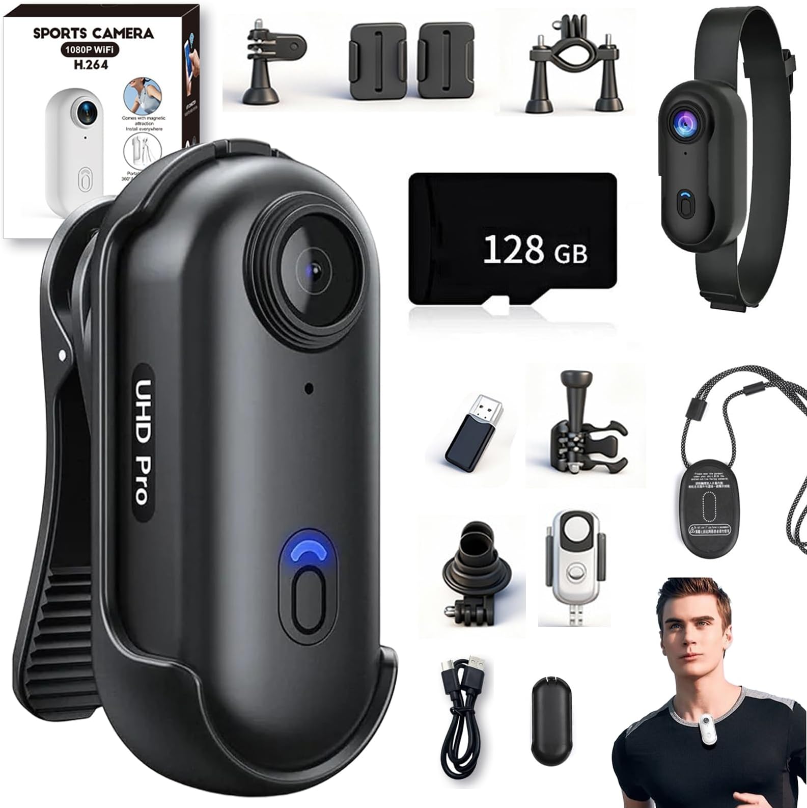 POV Capture Pro 3.0, POV Pro 4k Camera, New Ultra Wide Angle Wearable Body Adventure Action Cam, Video Record Night Vision Waterproof with 128g Card, for Cycling, Diving (Black 128GB, 4K)