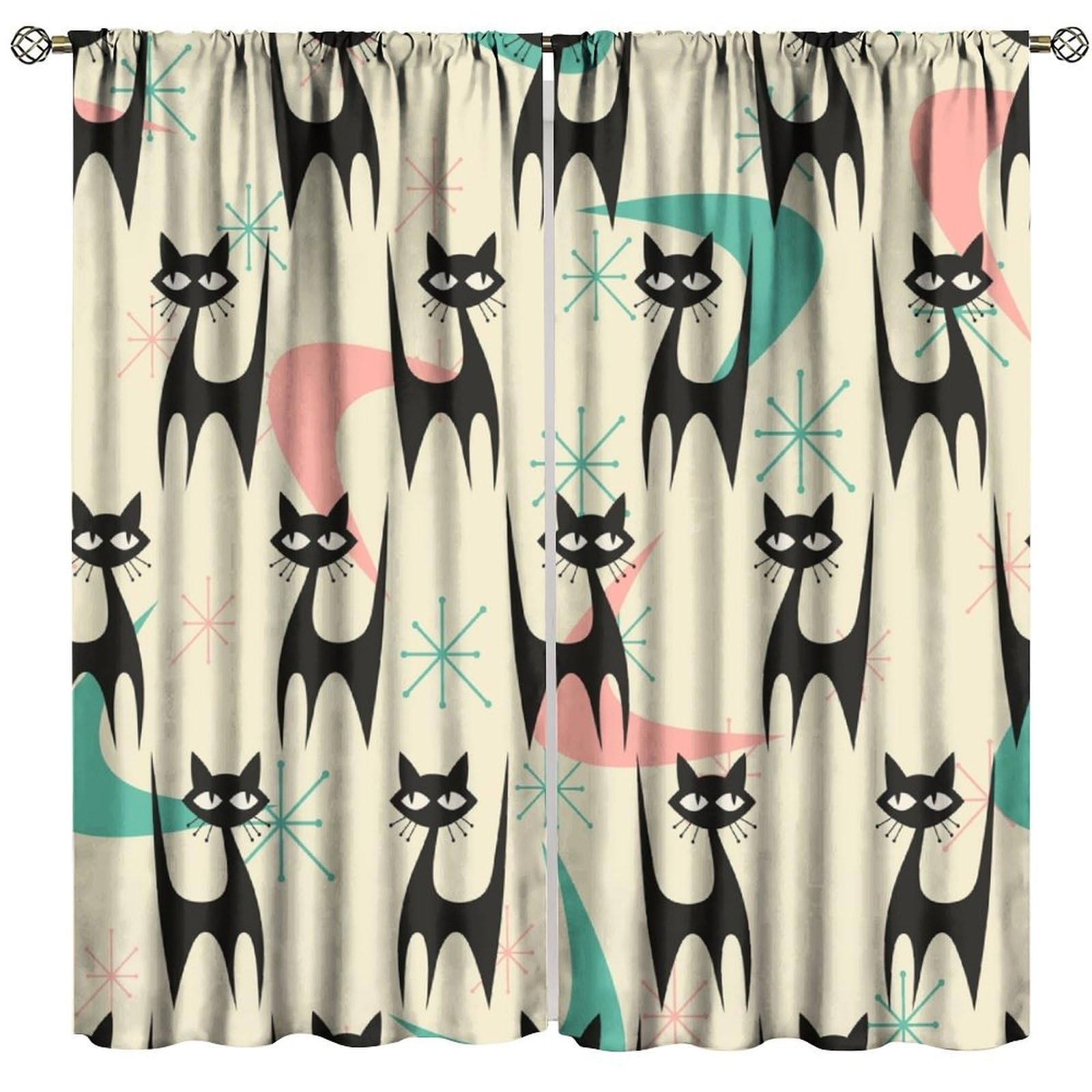 BenYaSong Mid Century Modern Blackout Curtain, Mid Century Colorful Modern Cat Silhouette Atomic Age Starbursts for Home Kitchen Livingroom Coffee Room Window Drapes 2Panel 63" W X 63" L