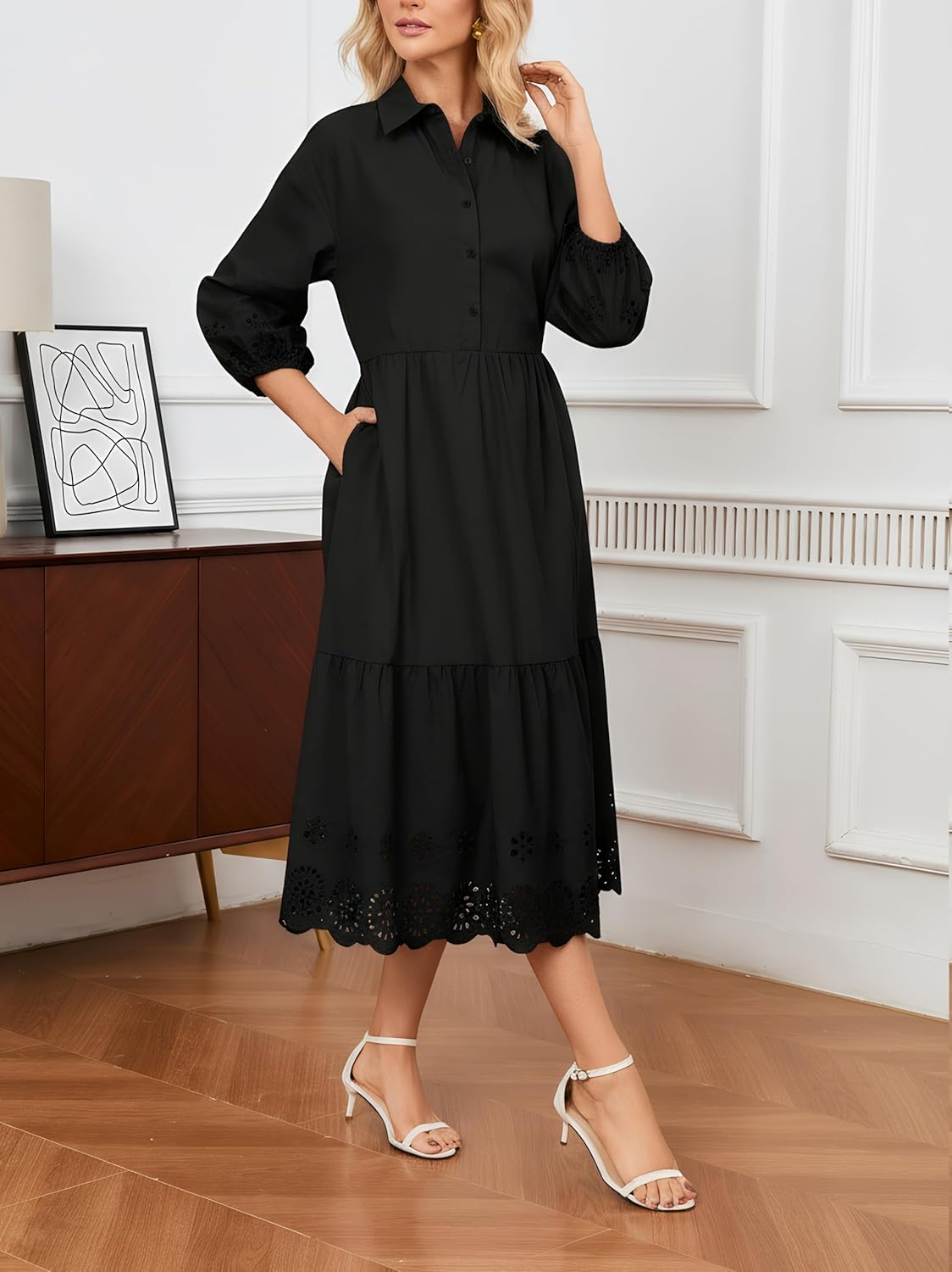 Ladyful Elegant Cotton Shirt Dress for Women Button Down 3/4 Sleeve Hollowed Out Eyelet Flowy Midi Maxi Dress - Image 3