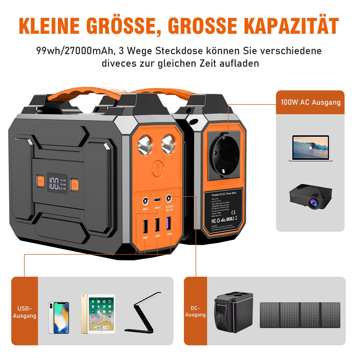 Powkey Powerstation mit Solarpanel 99Wh Tragbare Powerstation mit 40W Faltbare Solarpanel 100W Solargenerator mit 230V AC Ausgang/18W USB-A/USB-C für Wohnmobil Camping，schwarz-orange