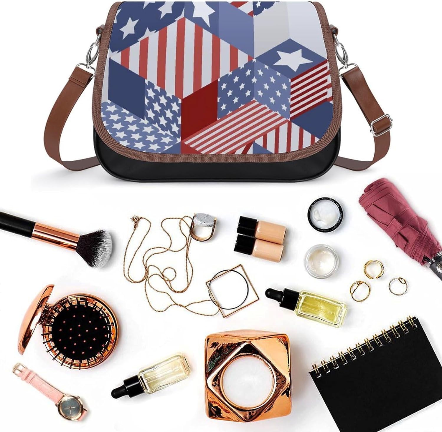 American Flag GeometriWomen's Faux Leather Crossbody Bag, Waterproof Wrinkle-Resistant Shoulder Bag with Detachable Strap, Large Capacity Casual Handbag, Fashion Daily Purse for Shopping Work Dating,