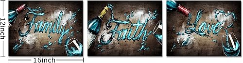 Miniatura 7 de Conipit 3 piezas de lienzo de copa de vino, arte de pared, fotos de vino, familia, fe, amor, impresiones artísticas vintage, pintura marrón verde