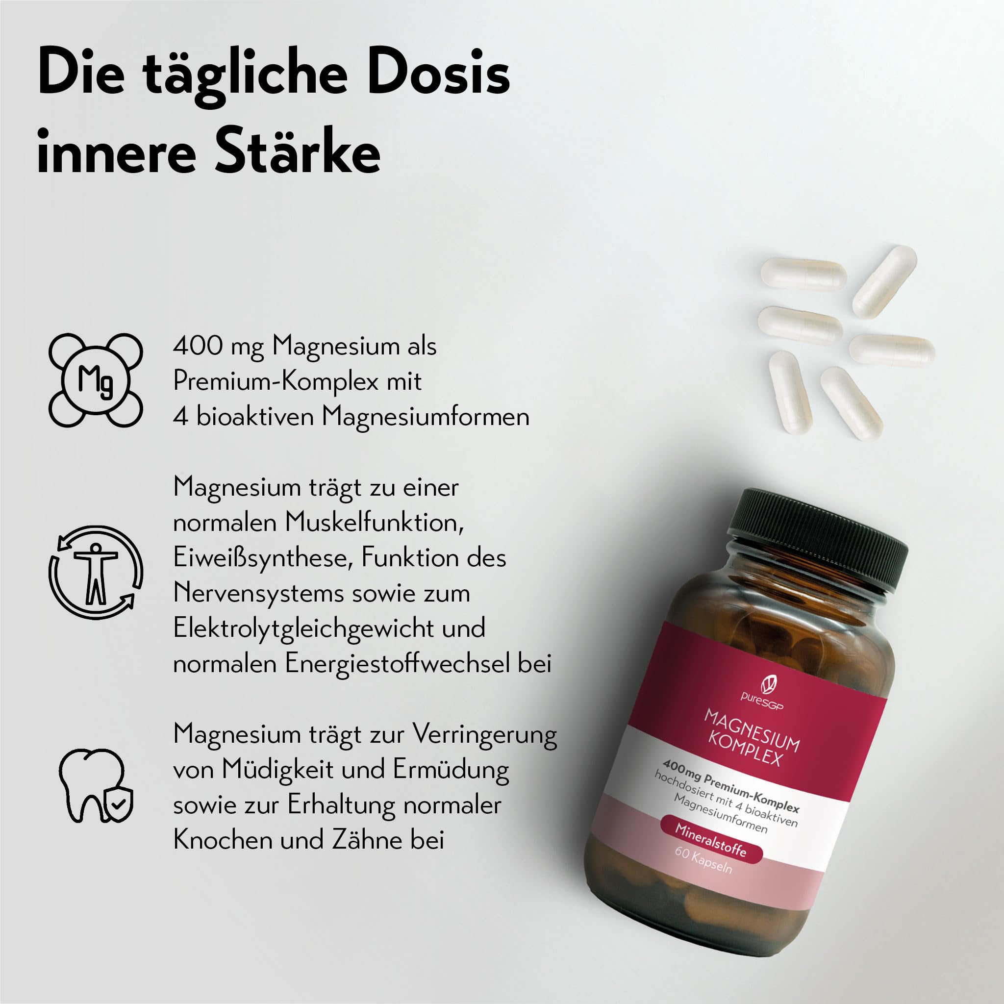 pureSGP Magnesium Komplex - 400 mg reines Premium Magnesium aus 4 hochwertigen Magnesiumformen. Hohe Bioverfügbarkeit. Labor geprüft, hochdosiert. Vegan (2er (120 Stück))
