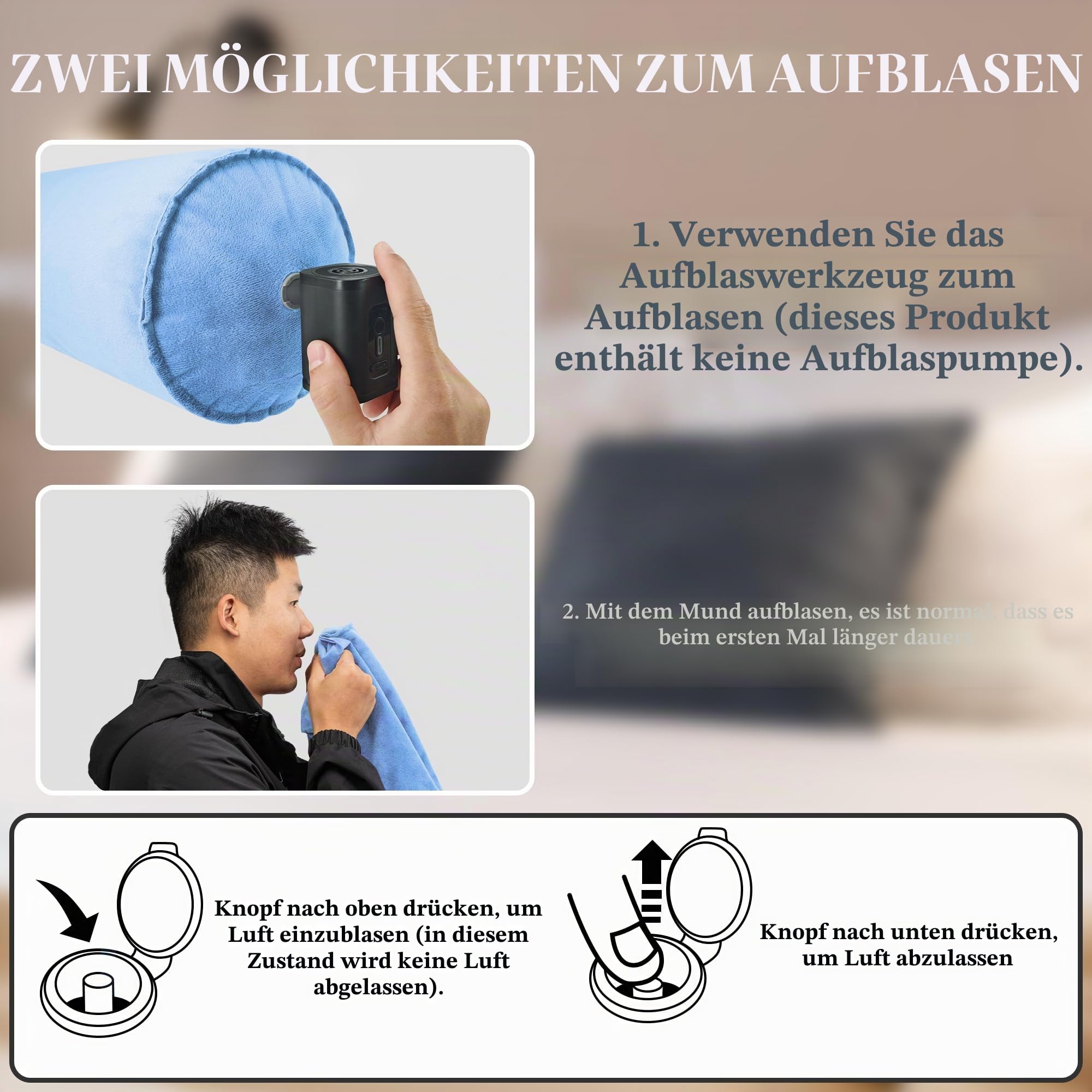 ONTYZZ Seitenschläferkissen Aufblasbar Körperkissen Erwachsene Kinder Kissen Seitenschläfer Komfortkissen für Umarmendes Schlafen Rücken Nacken Lagerungskissen 120 * 20CM