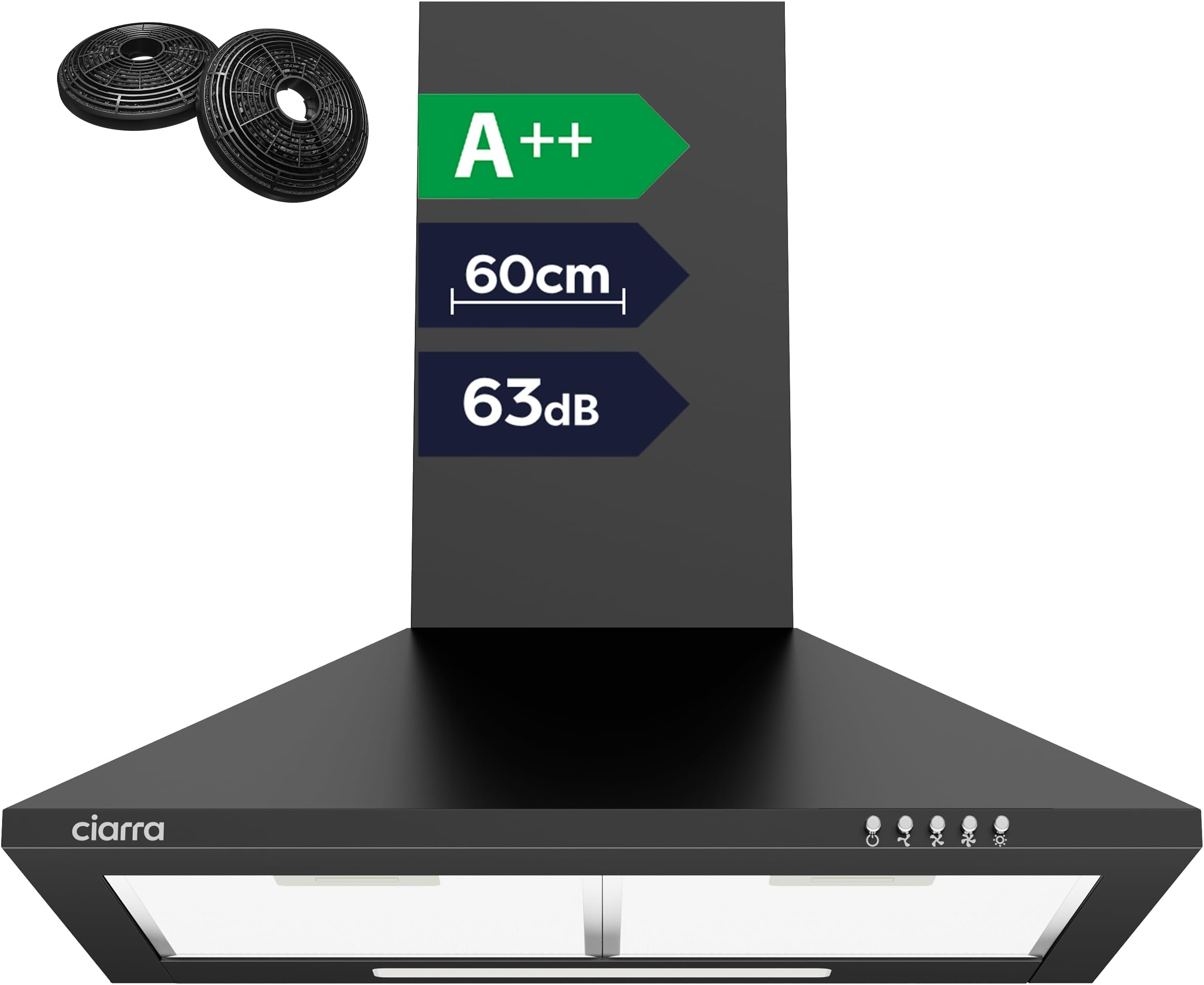CIARRA Cooker Hood 60cm CBCB6201 600mm Kitchen Extractor Hood with Carbon Filters Recirculating&Ducting Wall Mounted Cooker Extractor Fan Black