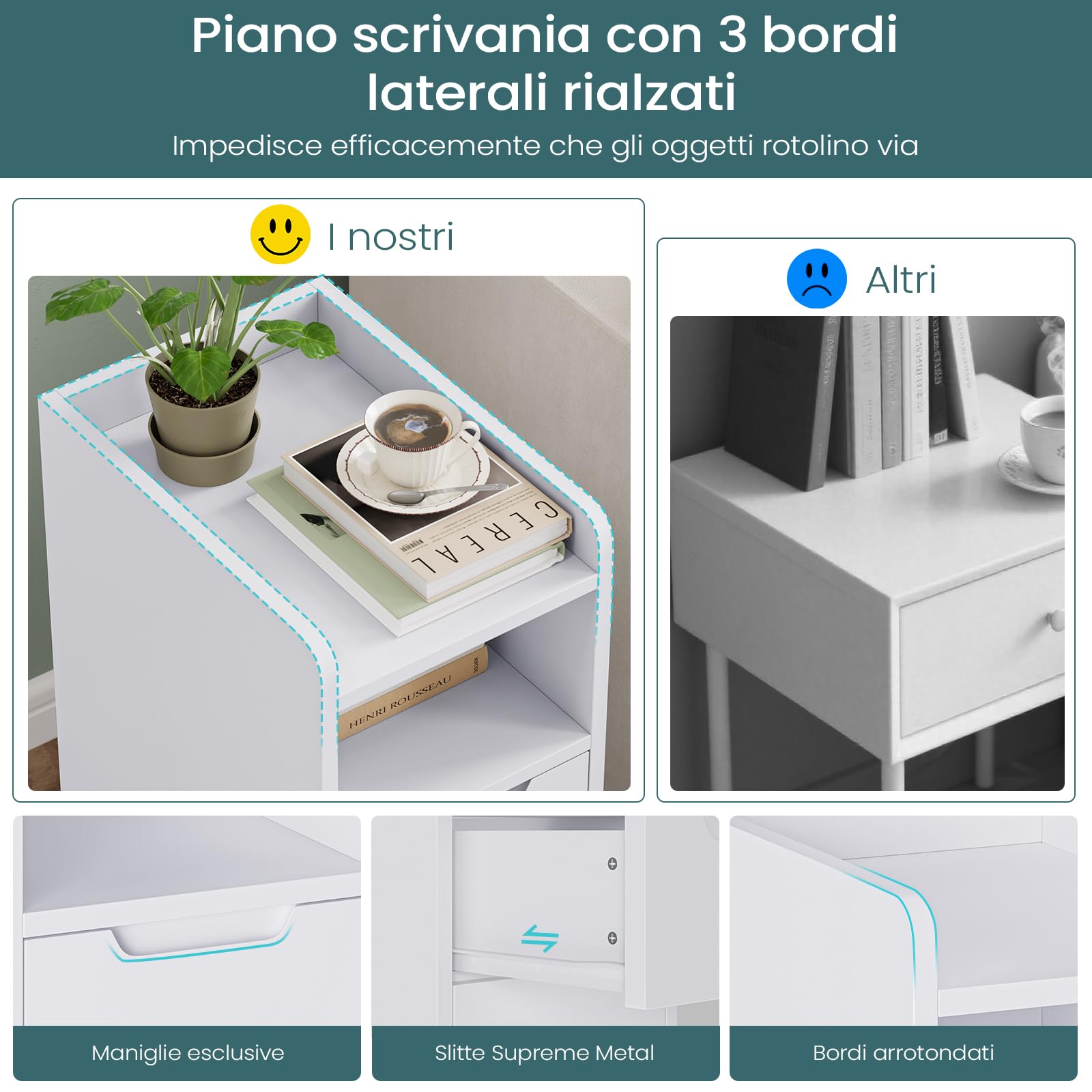Brinlawb Comodino stretto, comodino con 1 scomparto aperto, 1 cassetto e 1 armadio con anta, tavolino sottile per soggiorno, camera da letto, perfetto per piccoli angoli, bianco