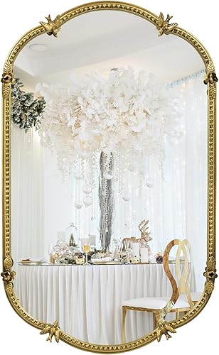 Espejo de pared ovalado dorado de 19 x 32 pulgadas, espejo decorativo con marco de cuentas de metal, bonito patrón de pájaros y flores, espejo