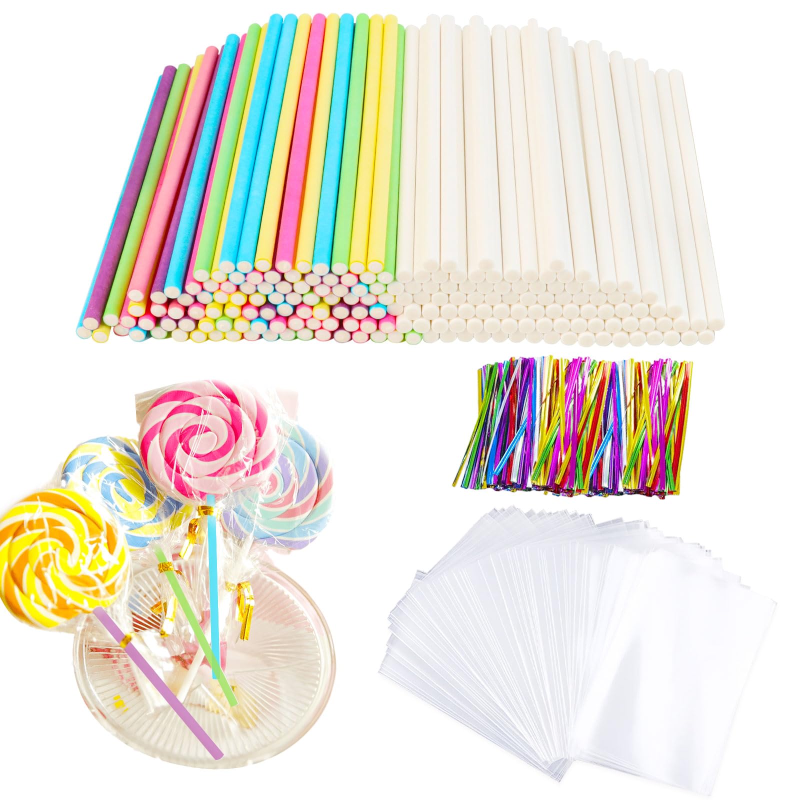 TPTGIAR 200pcs Cake Pop Sticks and Wrappers Kit Cake Pop Bags 10cm Colourful Lollipop Sticks Twist Ties Perfect for Making Lollipops Candies Chocolates and Cookies Cake Pop Mould