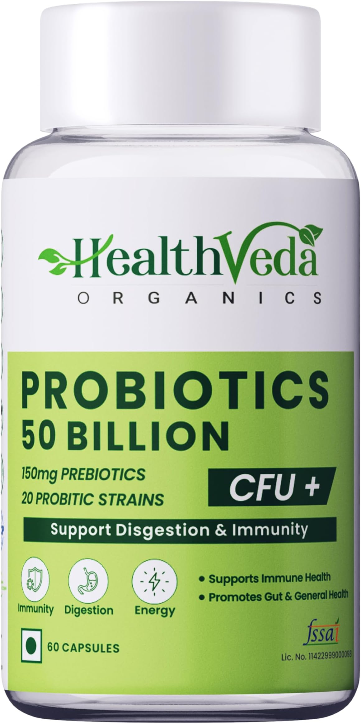 Health Veda Organics Probiotics 50 Billion CFU Multi-Strains with Prebiotic | Good For Digestive, Gut health, Immunity, Diarrhea, Gas & Bloating Support | For Men And Women - 60 Vegetarian Capsules