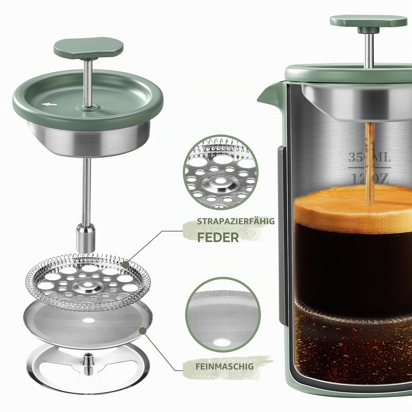 French Press – 350 ml Kaffeepresse aus Edelstahl, 2 Tassen Kaffeebereiter für gemahlenen Kaffee, tragbare französische Presse