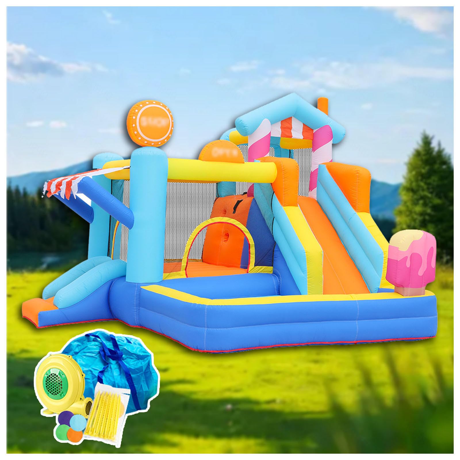 HBDSMLPL Piscina Hinchable con Tobogan con Soplador y Bolsa de Transporte, 4 en 1, Centro De Juegos Hinchable Agua para Niños 3 a 10 años, 340 X 320 X 240 cm