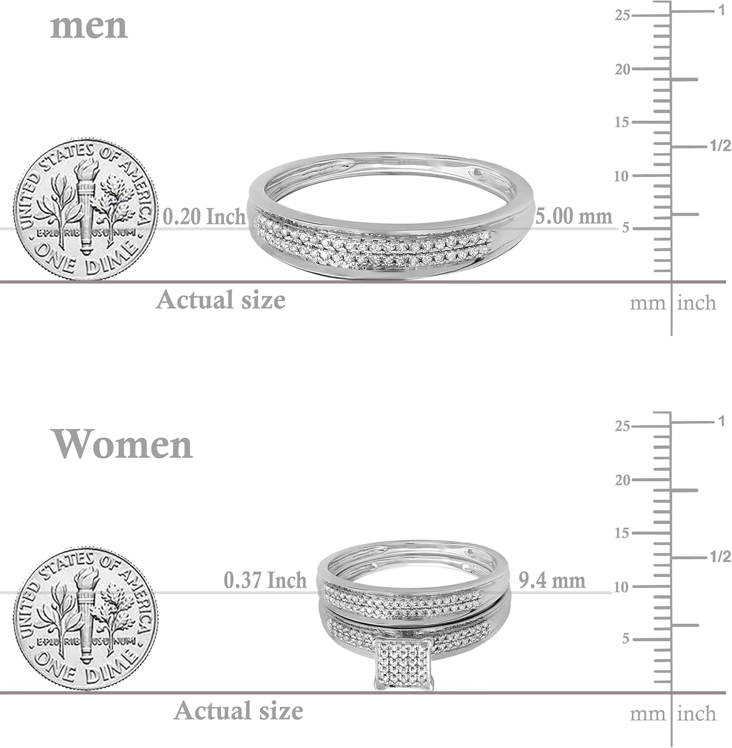 Dazzlingrock Collection Round White Diamond Micropave Trio Ring Set for Women & Men (0.50 ctw) in 14K Solid White Gold, W-7 and M-10