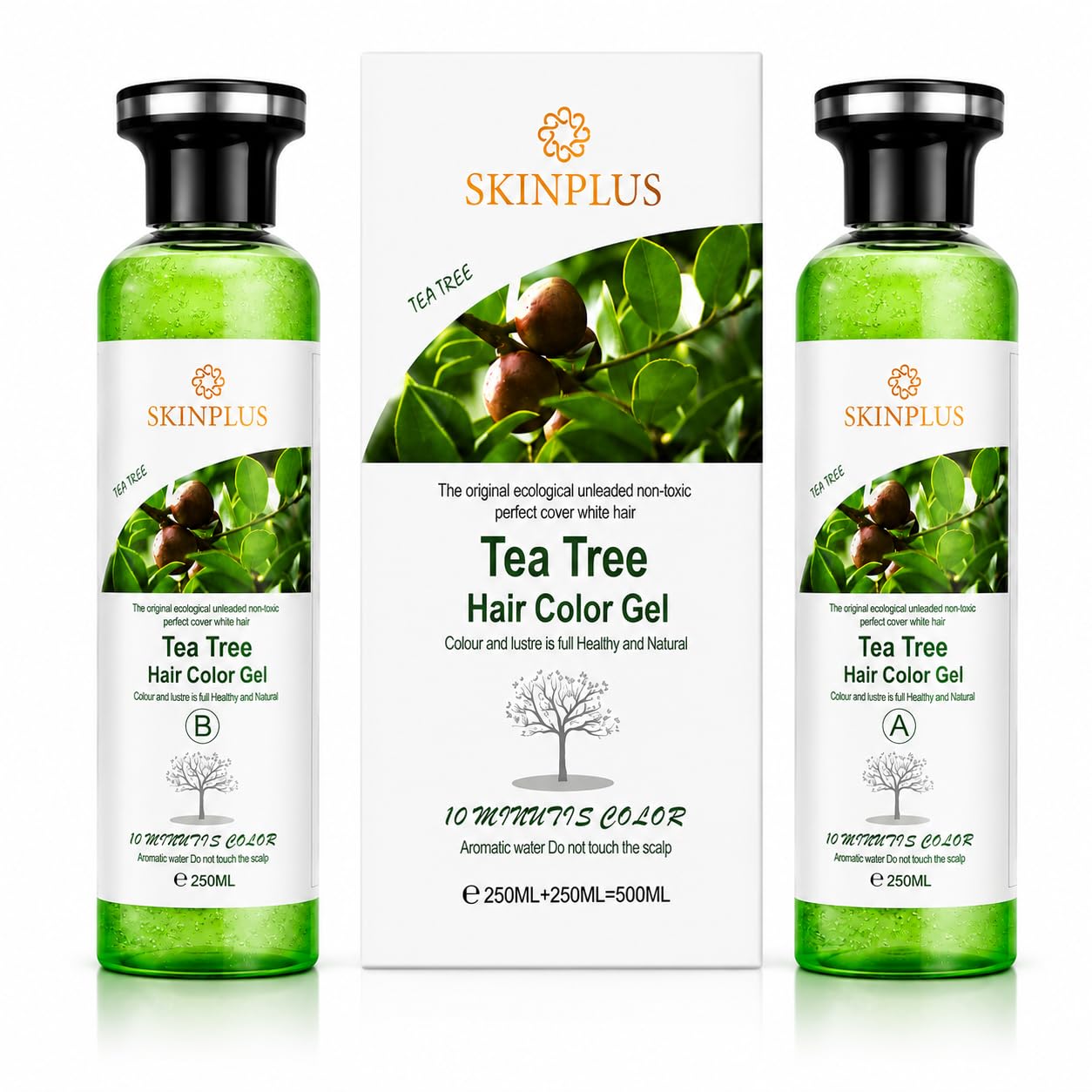 SKINPLUS Tea Tree Hair Color Gel – Natural Herbal Hair Dye Shampoo | 10-Minute Grey Hair Coverage | Ammonia-Free Hair Color Kit | 250ml + 250ml (500ml Total)-image-3