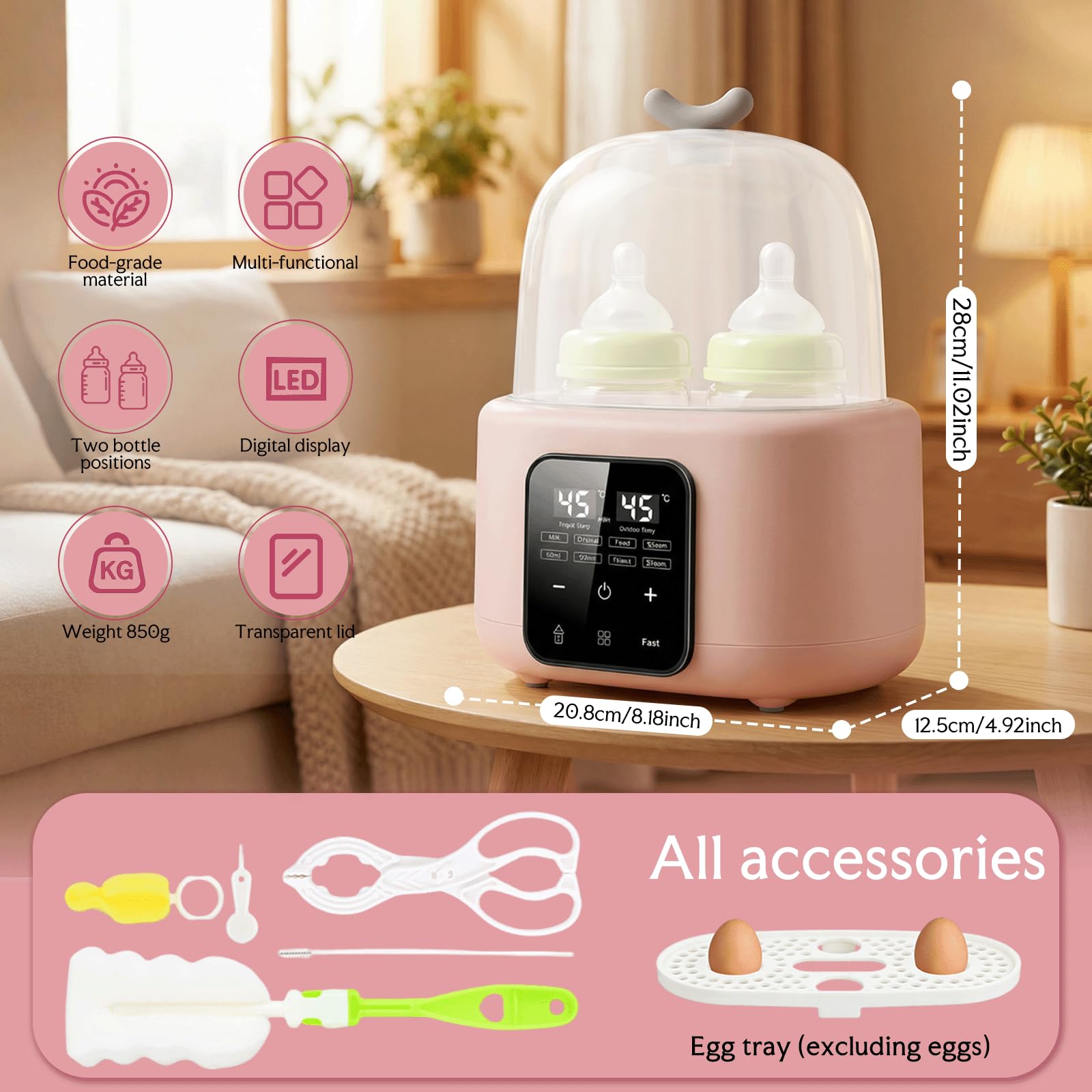 6 in 1 Flaschenwärmer Baby, Sterilisator für Babyflasche, Flaschenwärmer, Babyflaschen Wärmer, Vaporisator für Babyflasche, Babykostwärmer mit Flaschenbürste und Clip (Rosa)