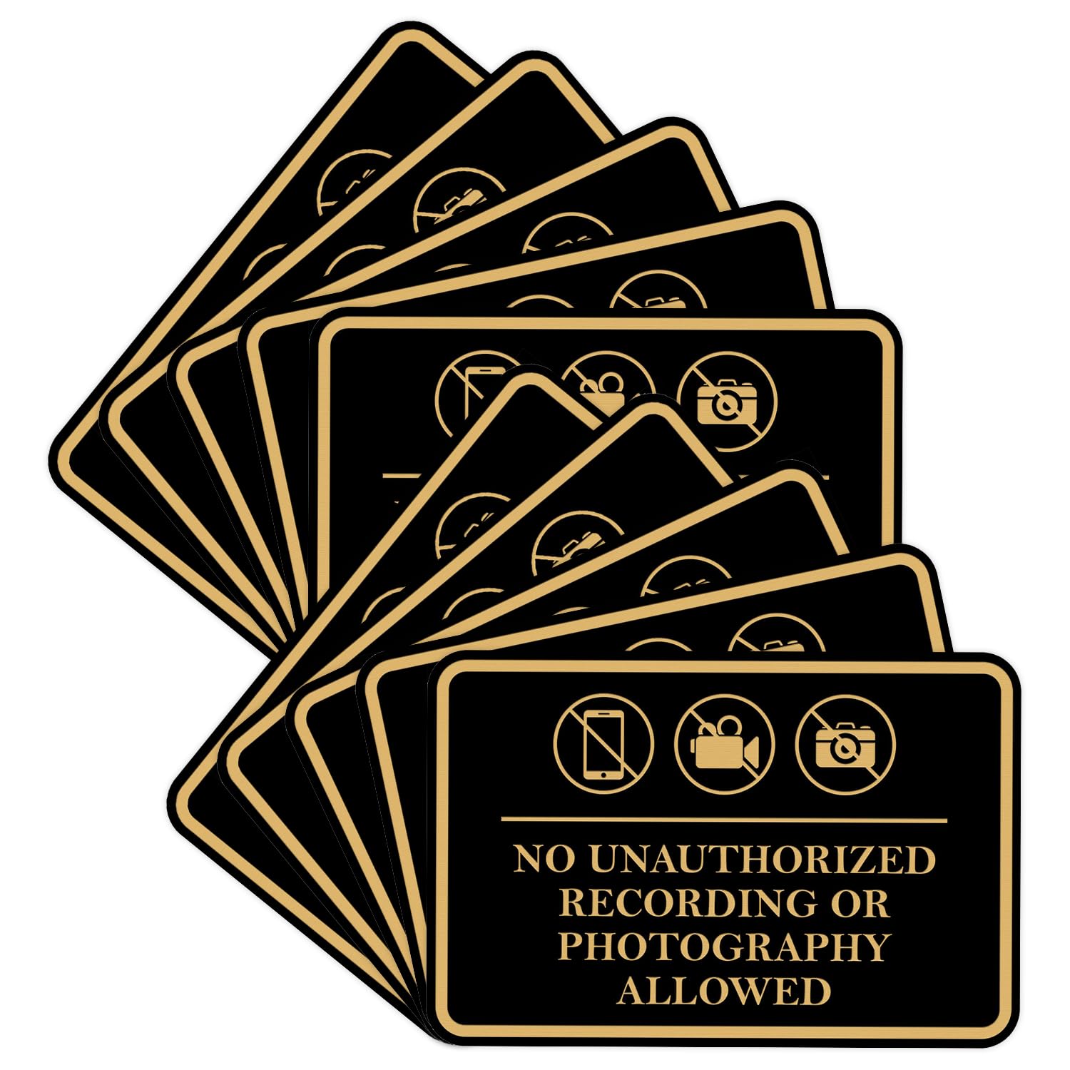 Classic Framed No Unauthorized Recording or Photography Allowed Door or Wall SignDurable Material | Easy Installation (Black Gold) - Large (10 Pack)