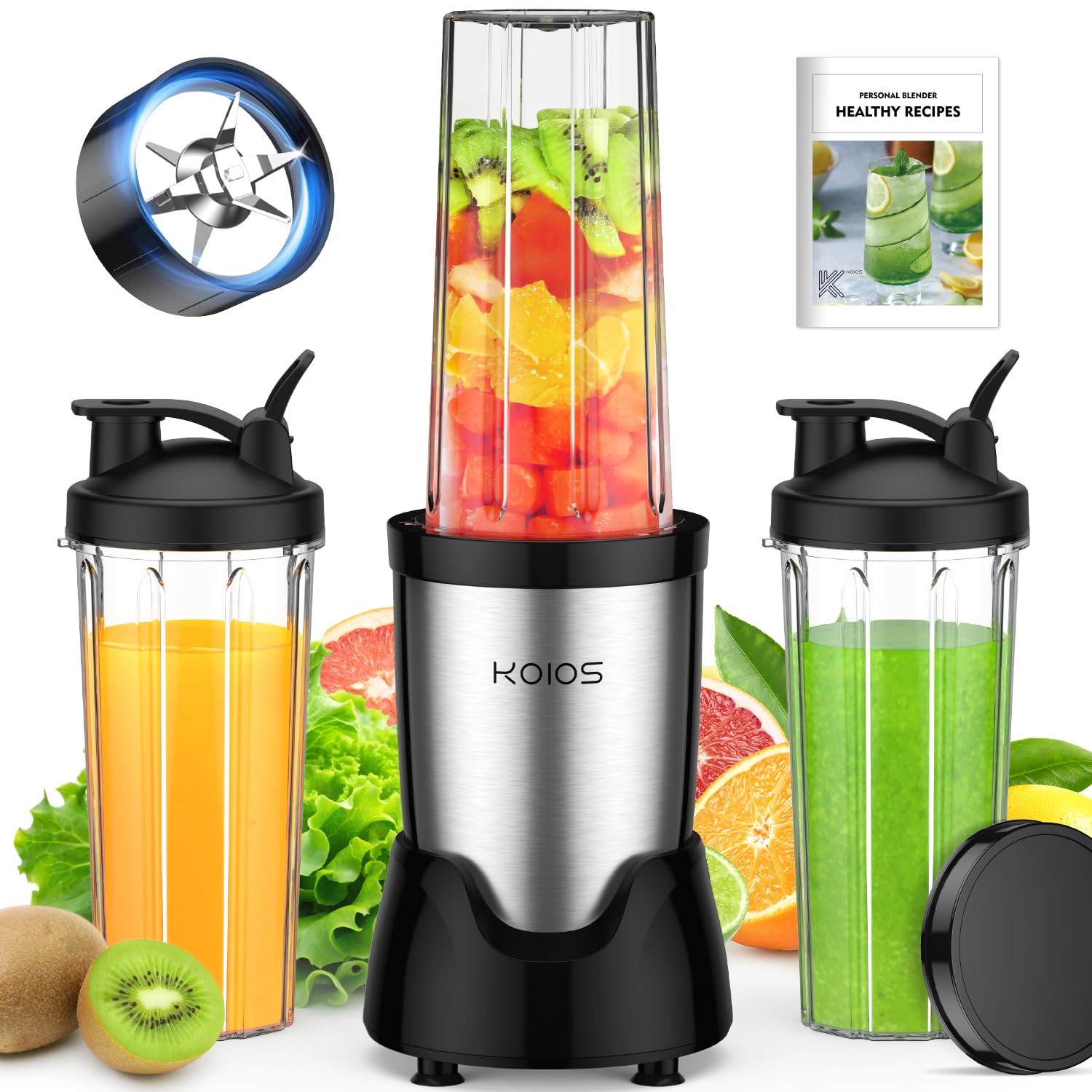 KOIOS Personal Blender BL319B black with three 22 oz to-go cups