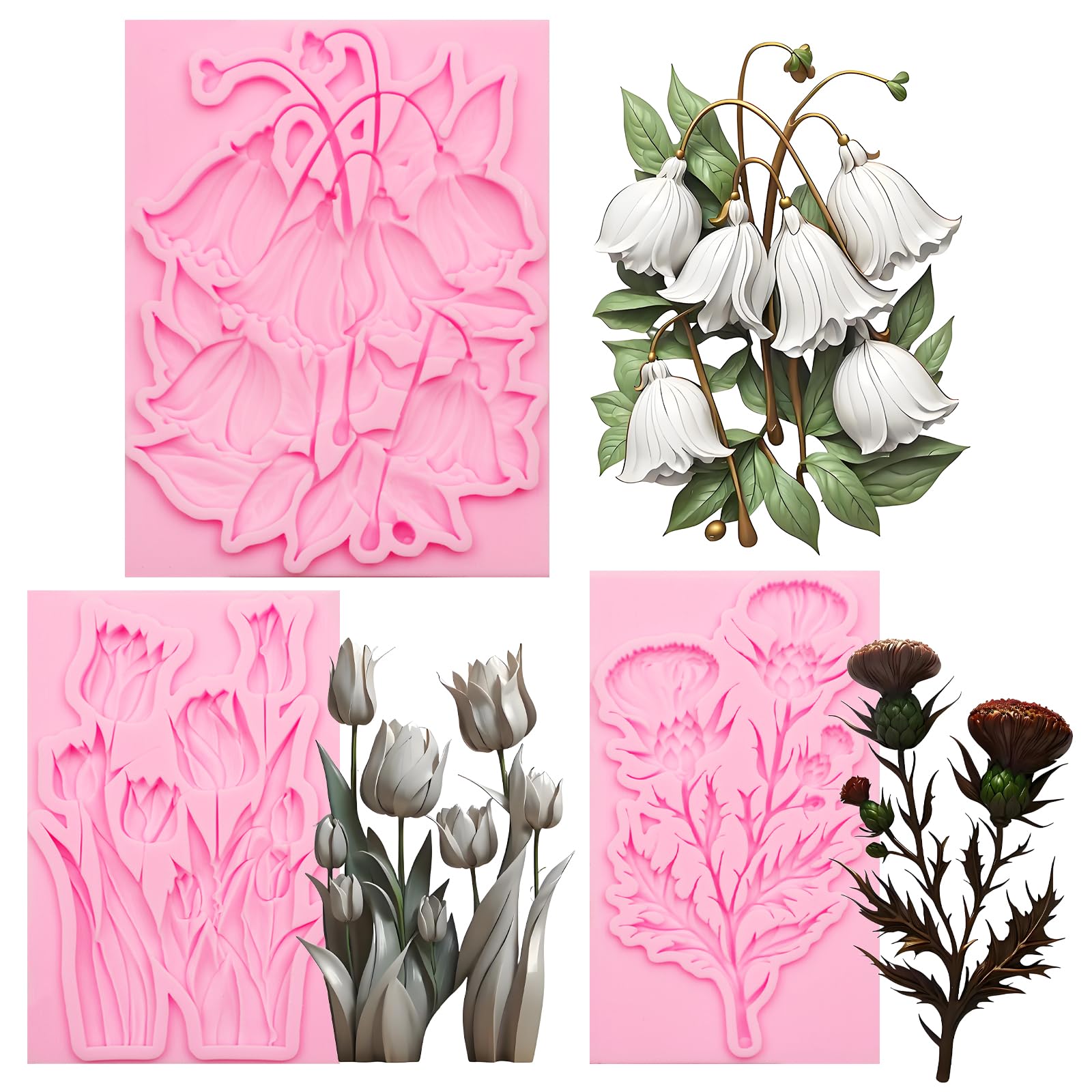 3D-Blumen-Silikonformen, Rosa, 3er-Set, 15x15x1 cm | Glockenblumen-Fondantformen, Tulpen-Distel-Schokoladenbackform, Zum Dekorieren von Kuchen, Tortendekoration, TP314