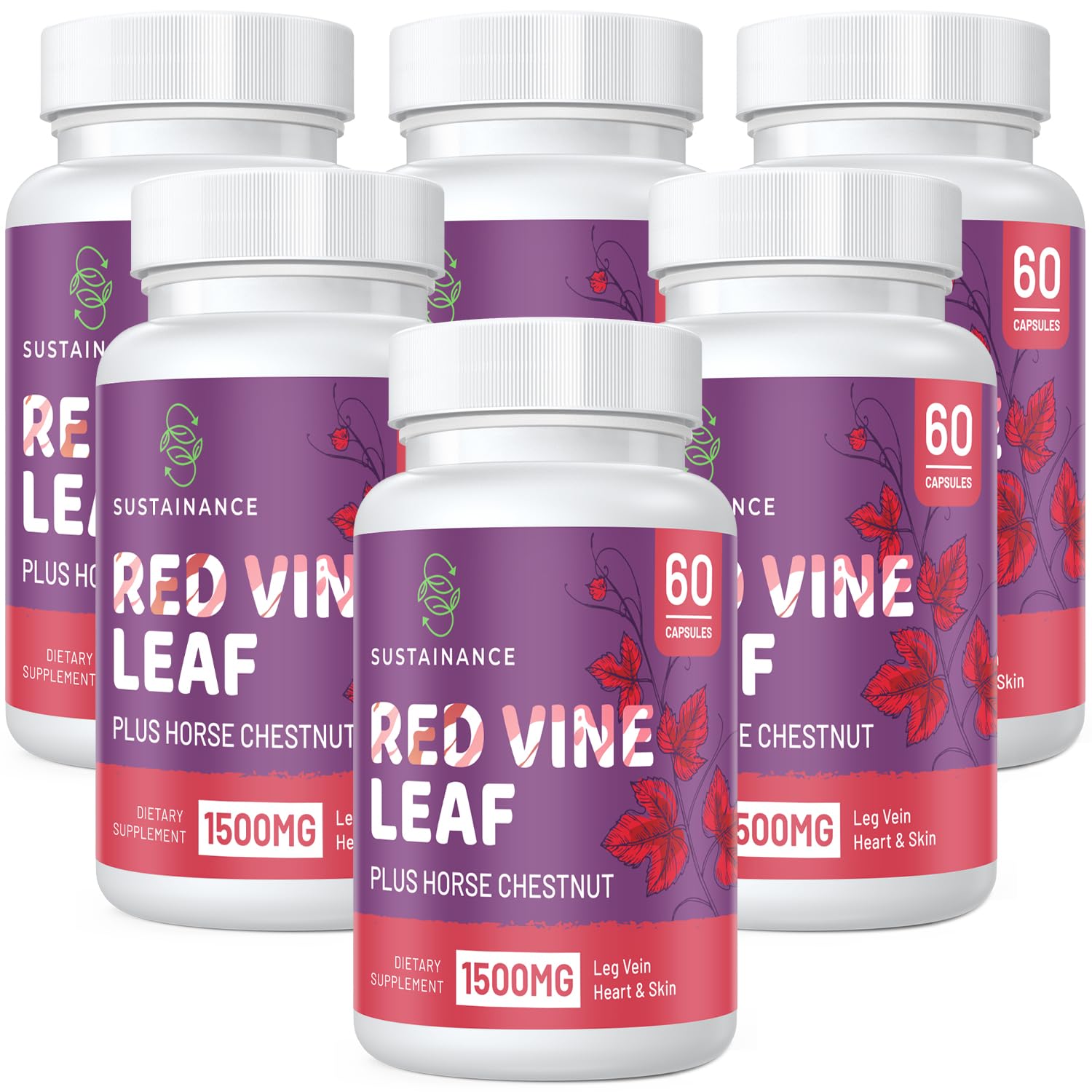 Red Vine Leaf Extract 1400mg & Horse Chestnut Extract 100mg Supplement for Leg, Vein, Circulation, Heart, Skin (60 Capsules - 6 Bottle)