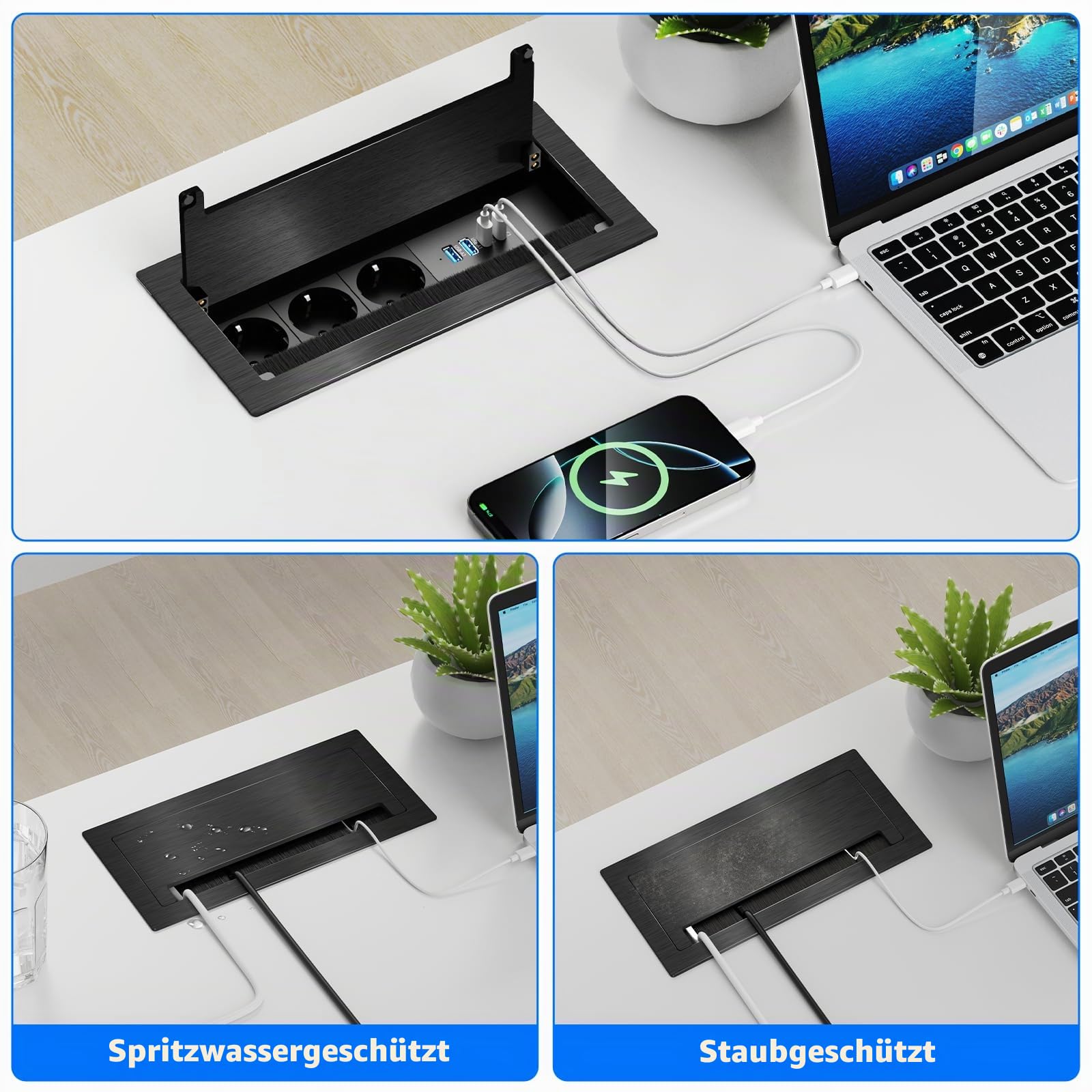 Aluminium Versenkbare Einbausteckdose mit 2 USB-C PD 30W & 2 USB-A, 3 Fach Mehrfachsteckdose für Küche, Arbeitsplatte, Büro, 1,8M Kabel,Schwarz