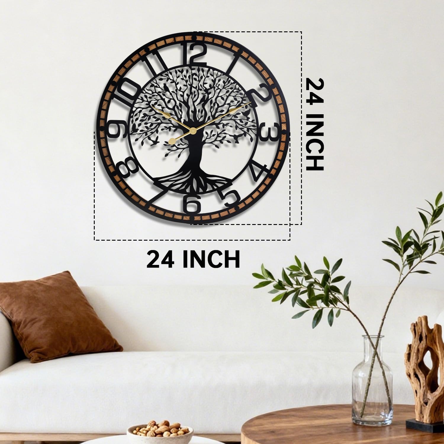 Reloj de pared grande y silencioso, 24 pulgadas, árbol de la vida, metal negro con marco de madera maciza, sin tictac, funciona con pilas, para sala de estar, oficina, dormitorio, cocina, accesorio