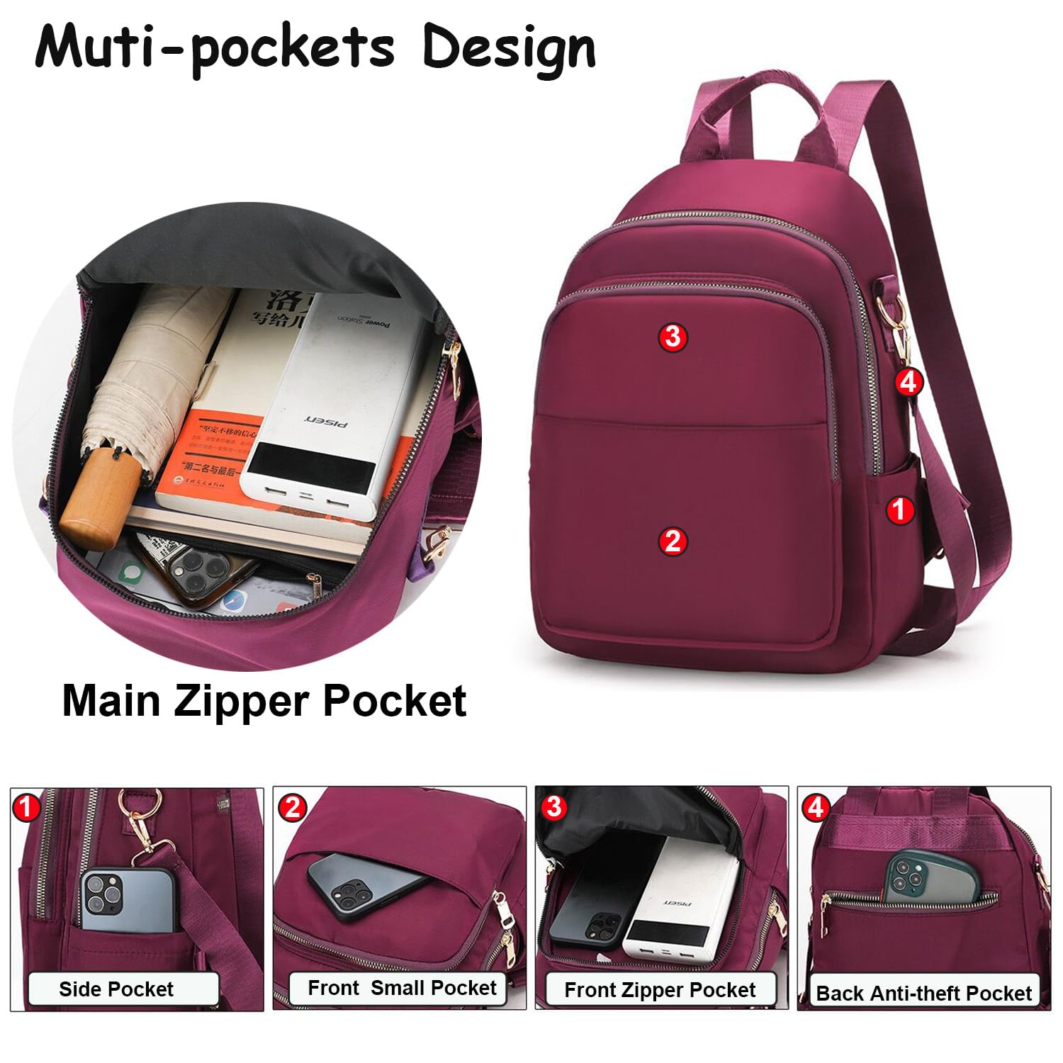 Piccolo zaino da donna, in nylon, leggero, piccolo, robusto, piccolo zaino casual da viaggio, per donne e ragazze all'aperto, viaggi, lavoro, shopping, adatto per iPad da 9,7 pollici, 7L