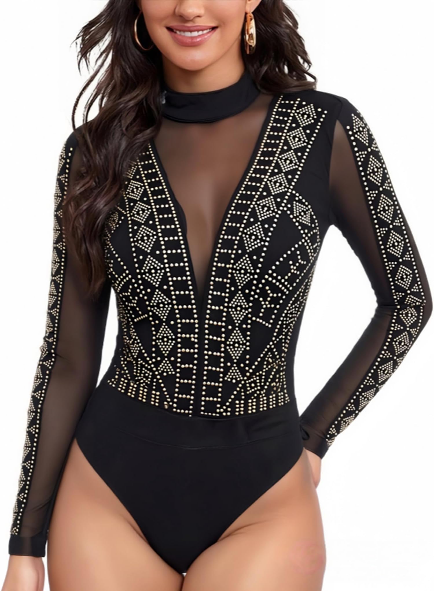 Lrady Women's Backless Rhinestone Bodysuit Long Sleeve High Neck Top