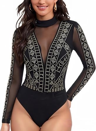 Lrady Womens Backless Rhinestone Bodysuit Long Sleeve High Neck Top