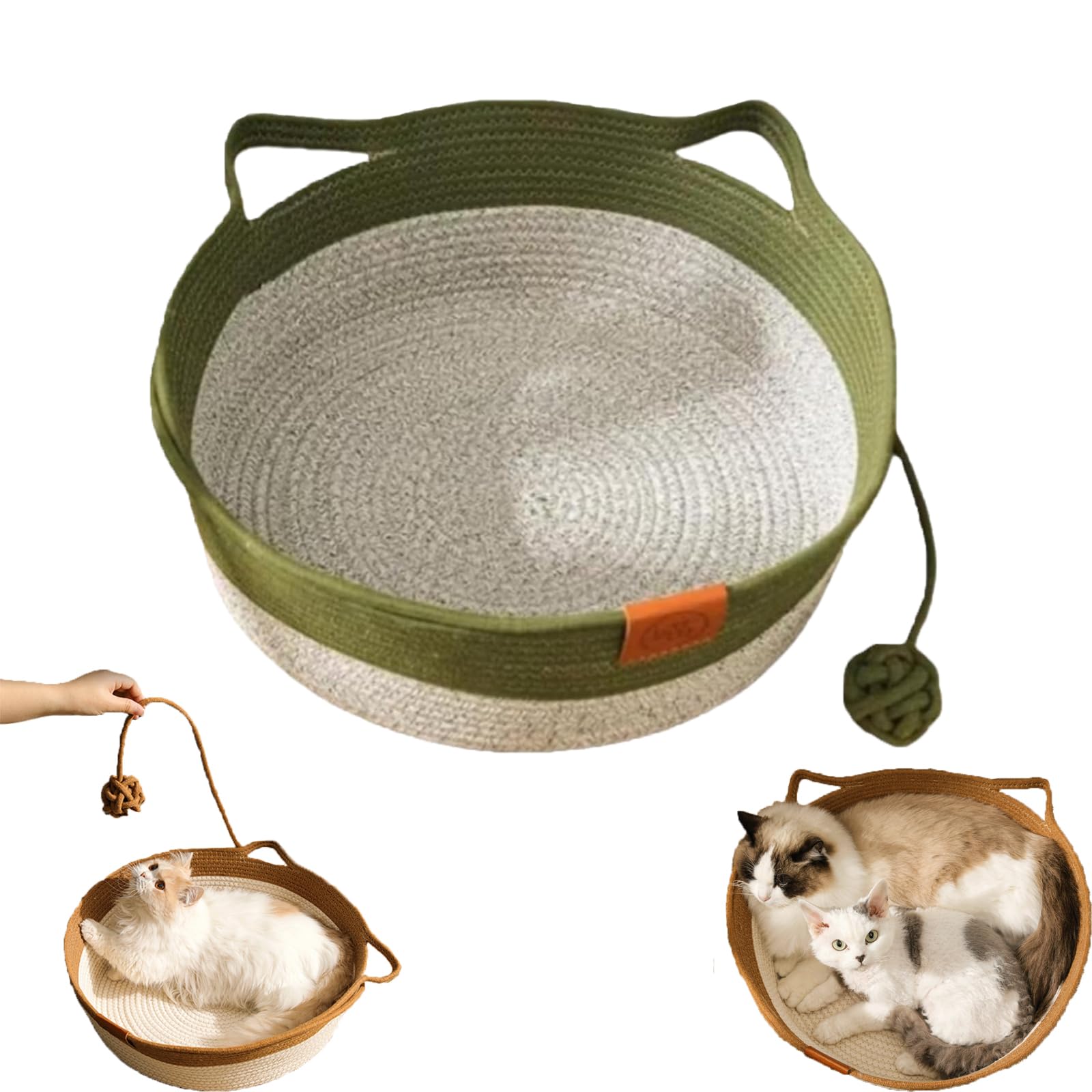 Natural Rope Cat Basket, Handwoven Cotton Rope Interactive Cat，Green A：S